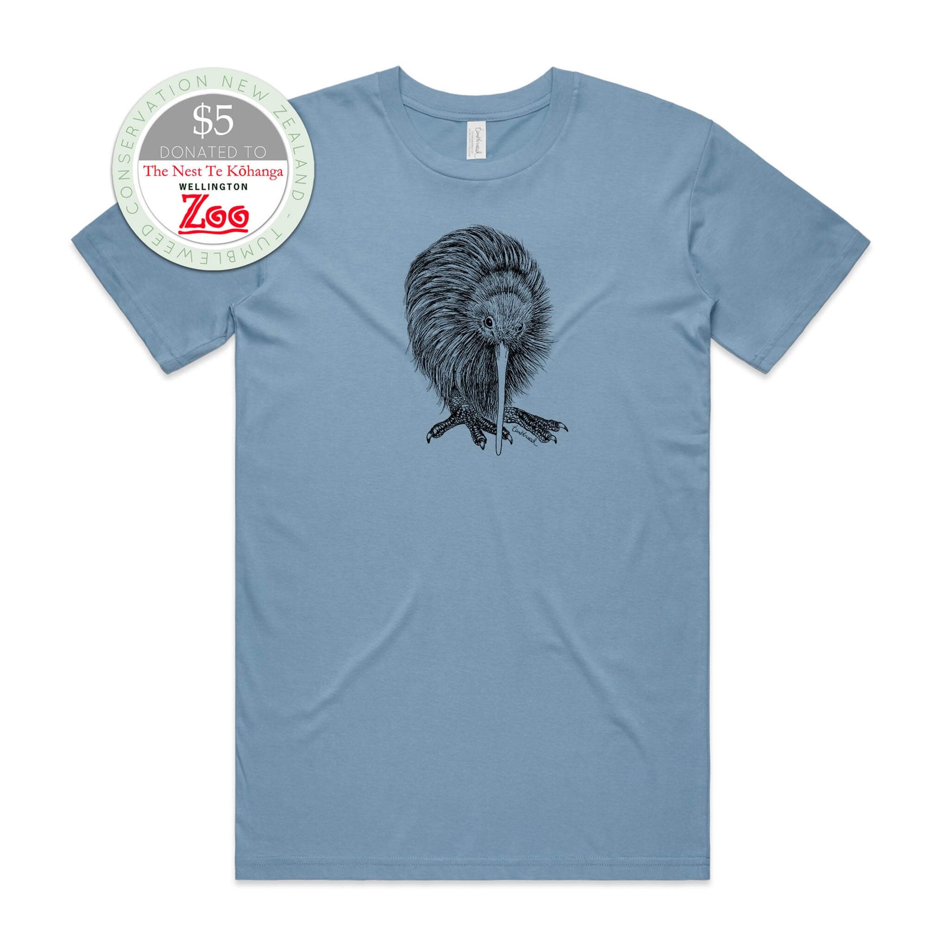 Sage, female t-shirt featuring a screen printed kiwi design.
