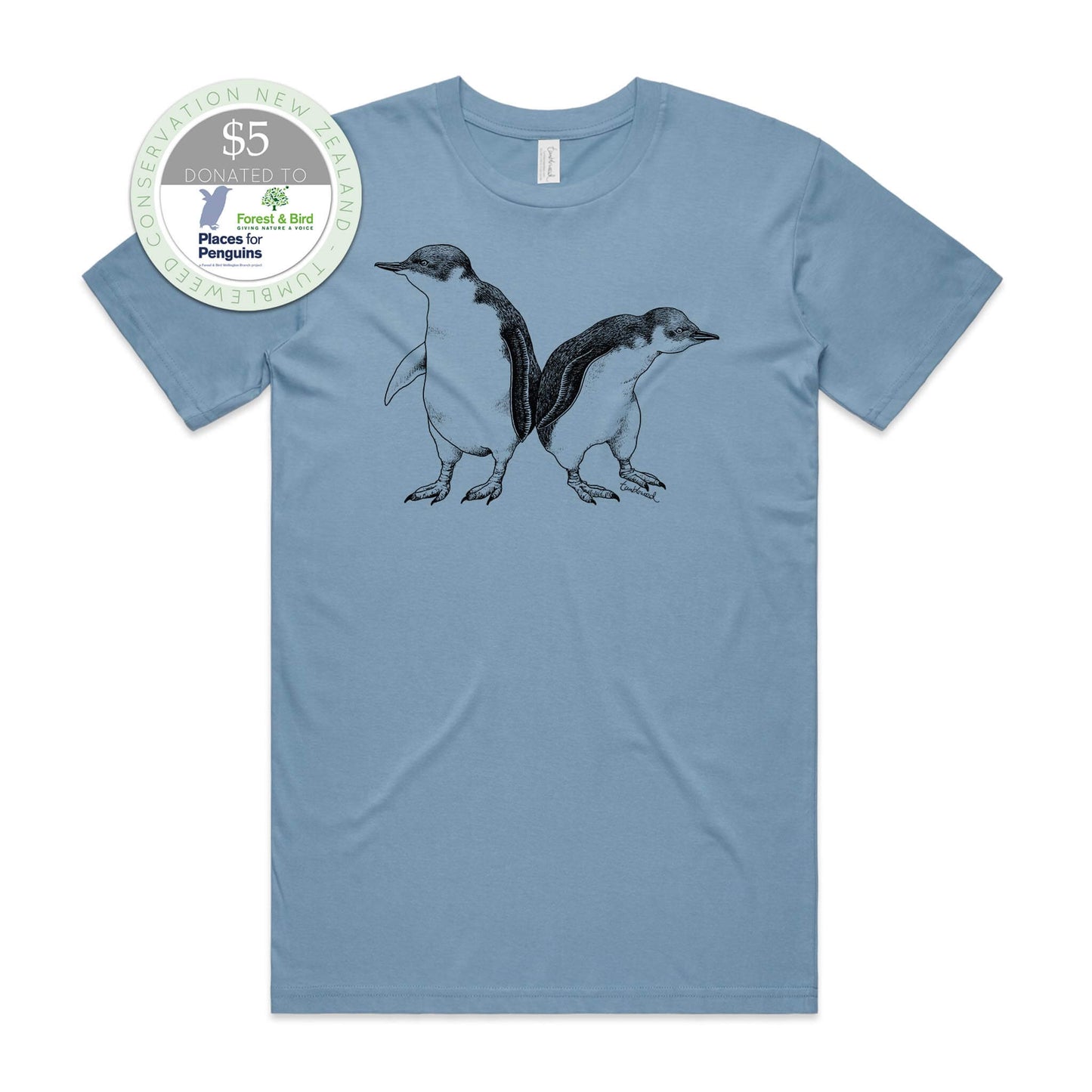Sage, female t-shirt featuring a screen printed Little Blue Penguin design.