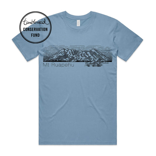 Sage, female t-shirt featuring a screen printed Mt Ruapehu design.