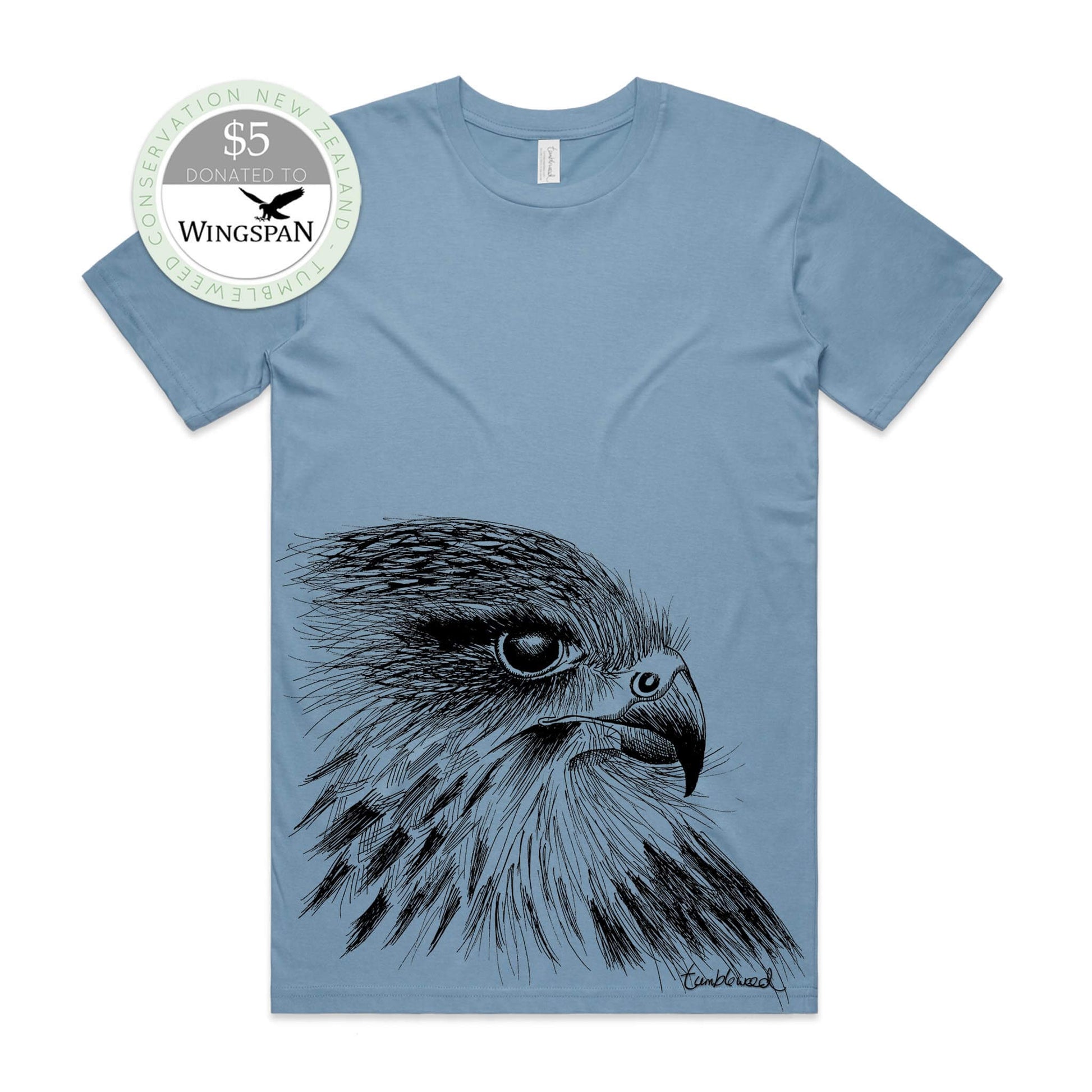 Sage, female t-shirt featuring a screen printed Kārearea/NZ Falcon design.