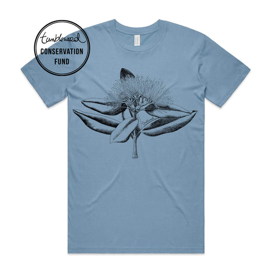 Sage, female t-shirt featuring a screen printed Pōhutukawa design.