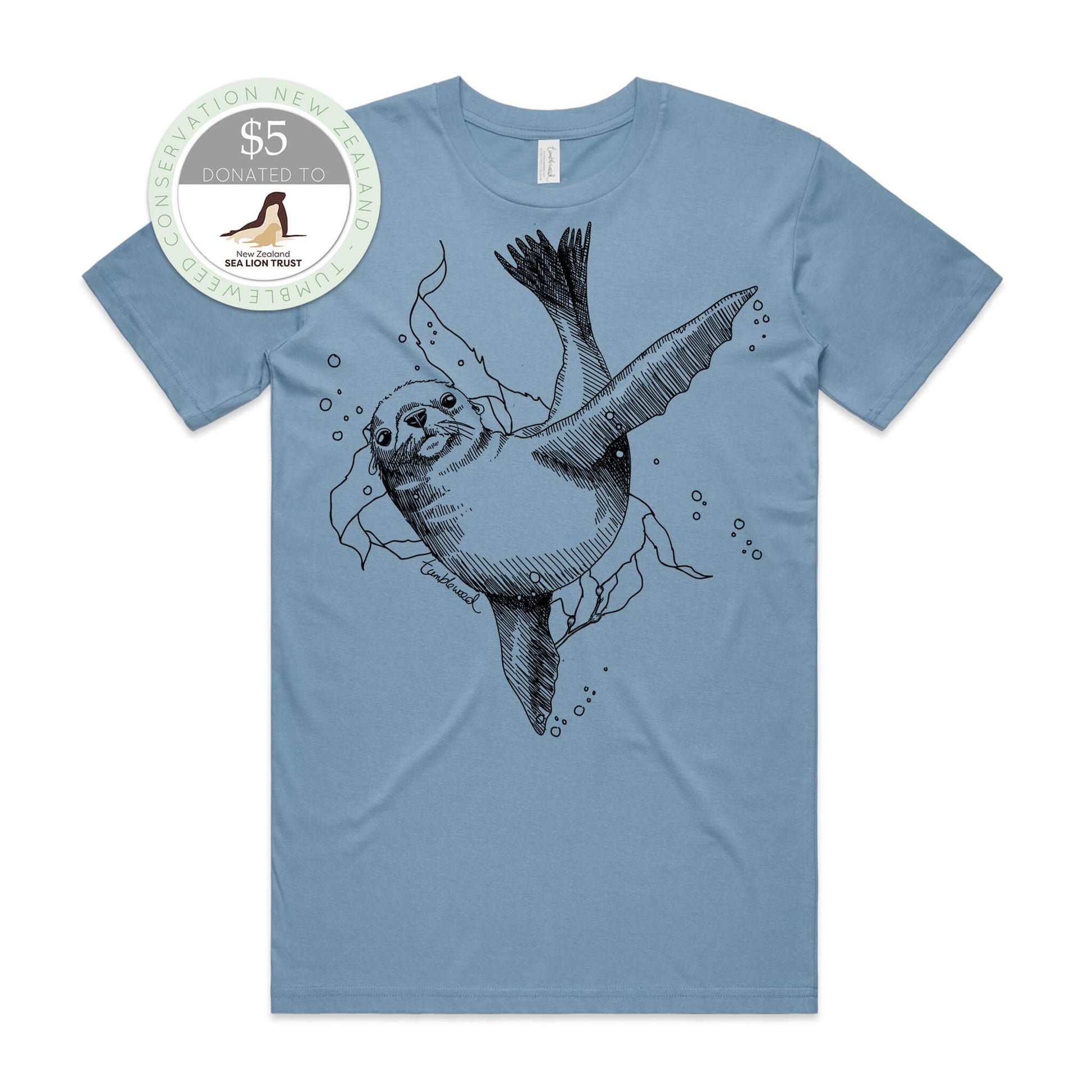 Charcoal, male t-shirt featuring a screen printed New Zealand sea lion design.