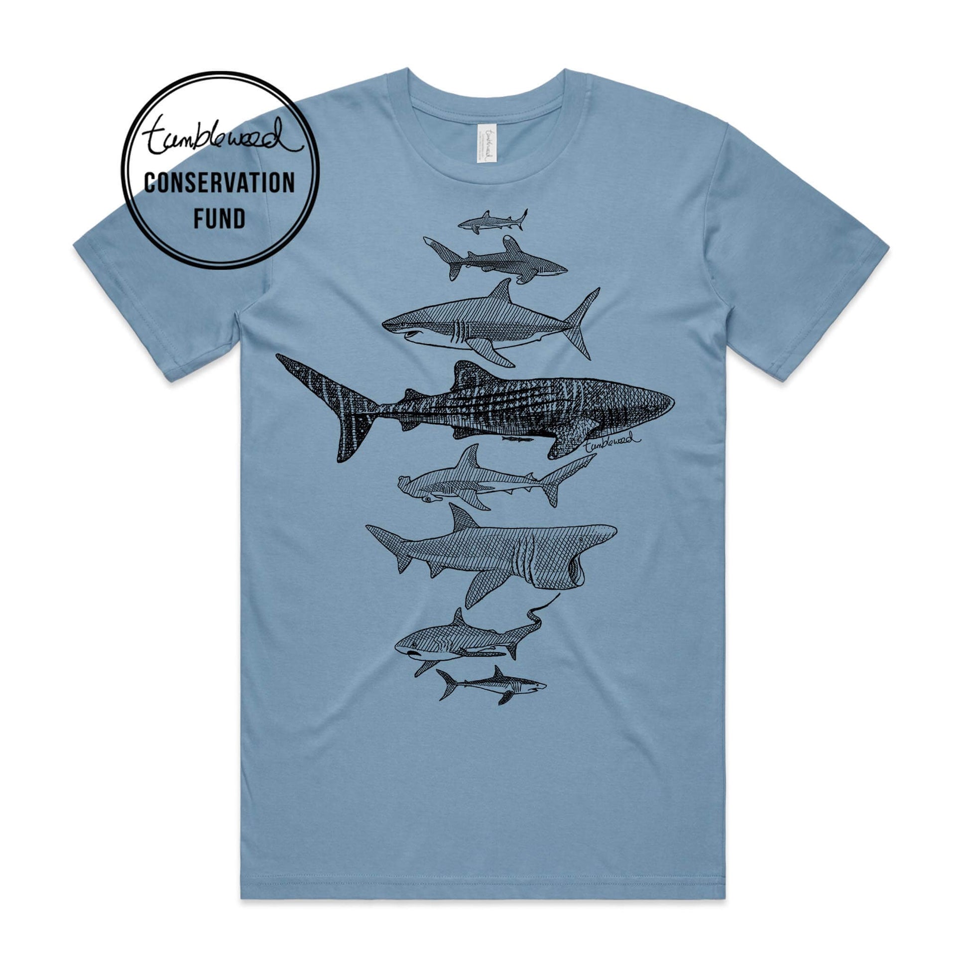 Sage, female t-shirt featuring a screen printed Sharks design.