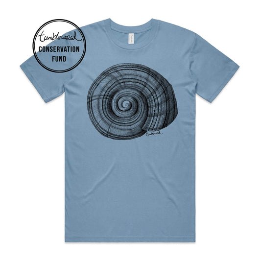 Sage, female t-shirt featuring a screen printed NZ Snail design.