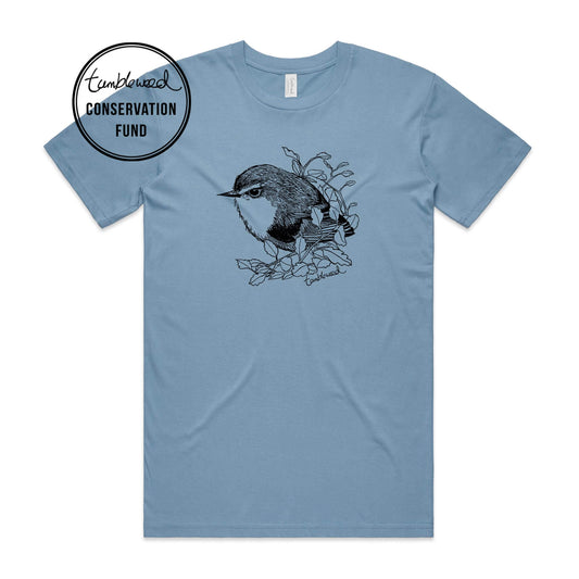 Mustard, male t-shirt featuring a screen printed titipounamu/rifleman design.