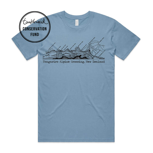 Sage, female t-shirt featuring a screen printed Tongariro Crossing design.