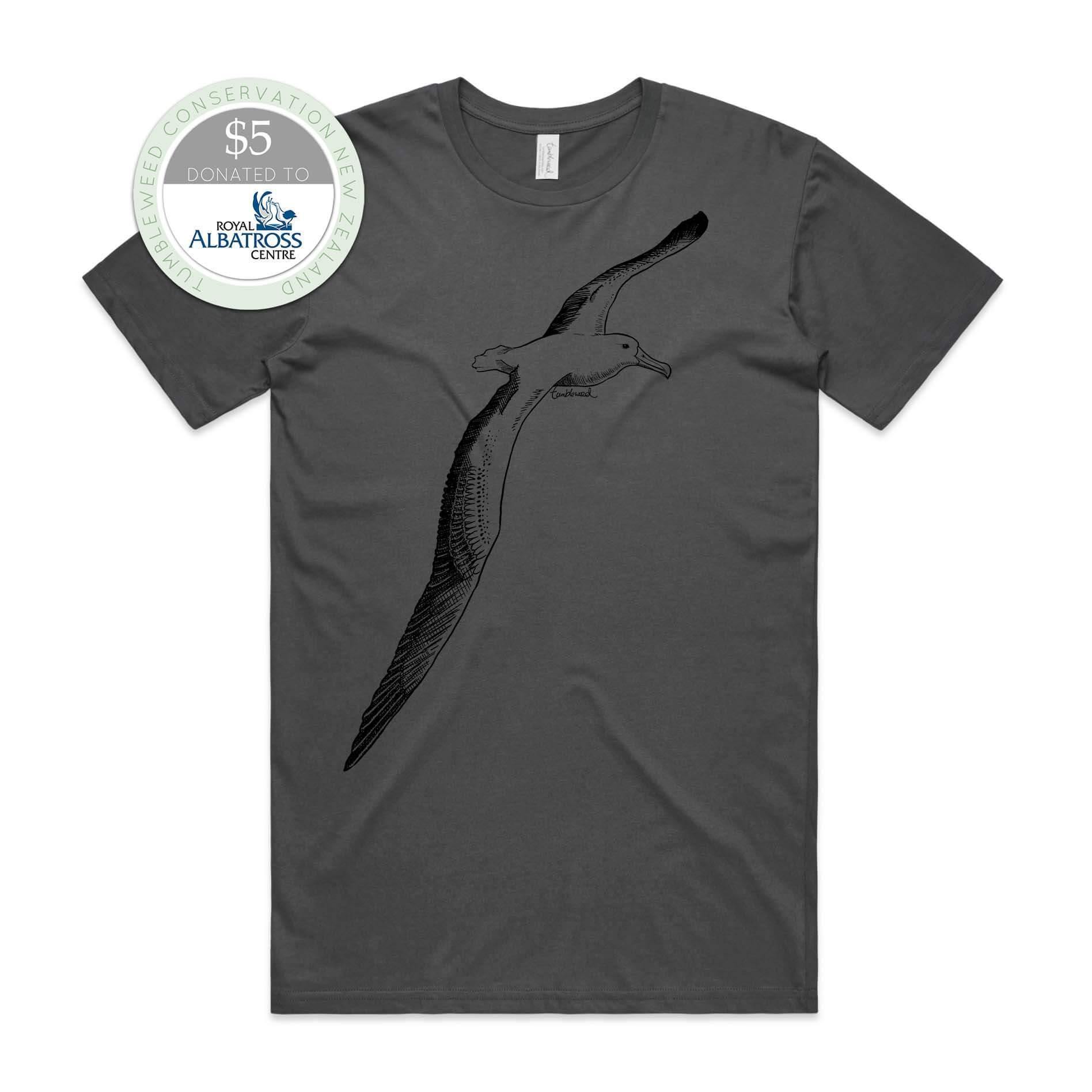 Charcoal, male t-shirt featuring a screen printed albatross design.