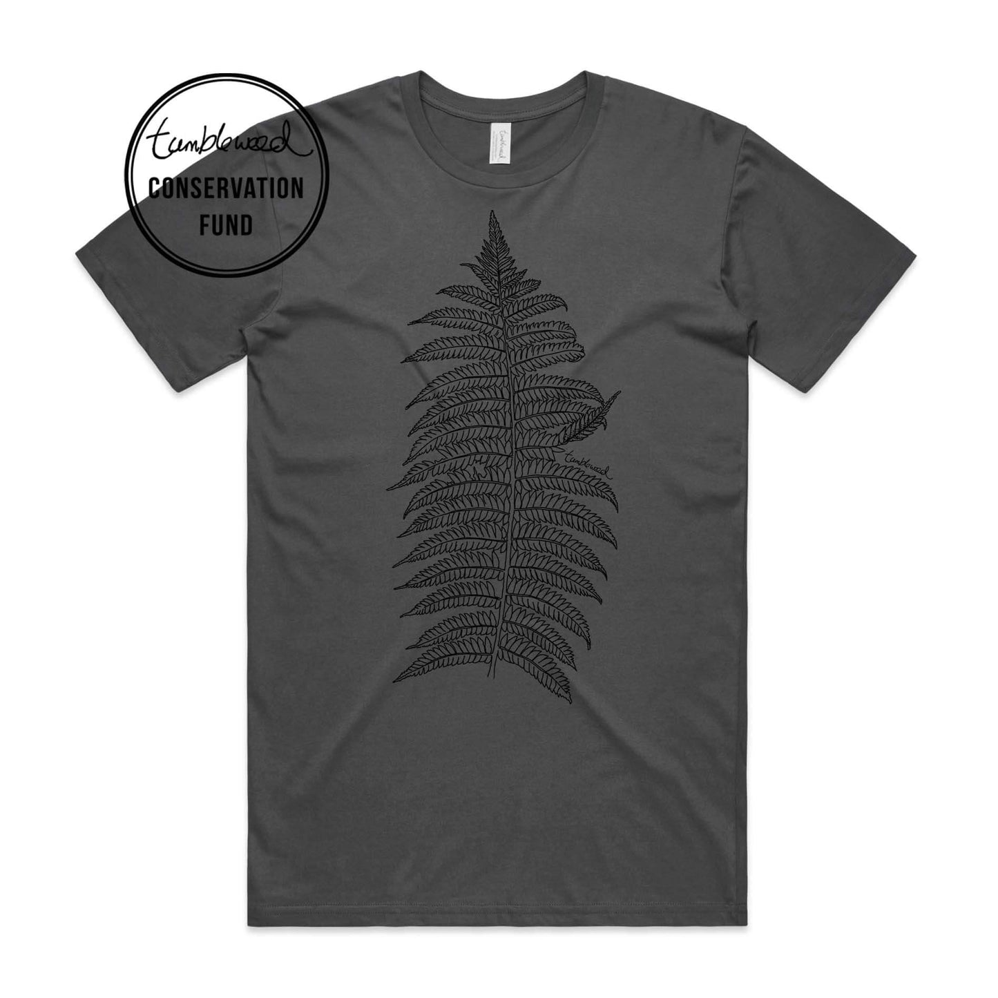 White, male t-shirt featuring a screen printed Silver fern/ponga design.
