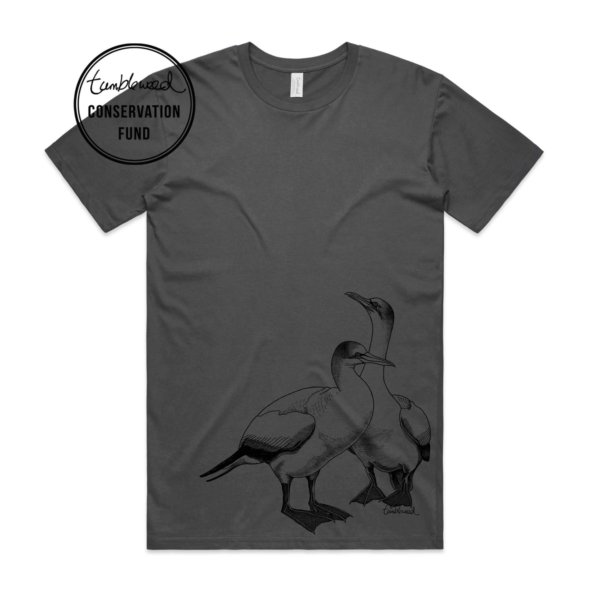Charcoal, female t-shirt featuring a screen printed gannet design.