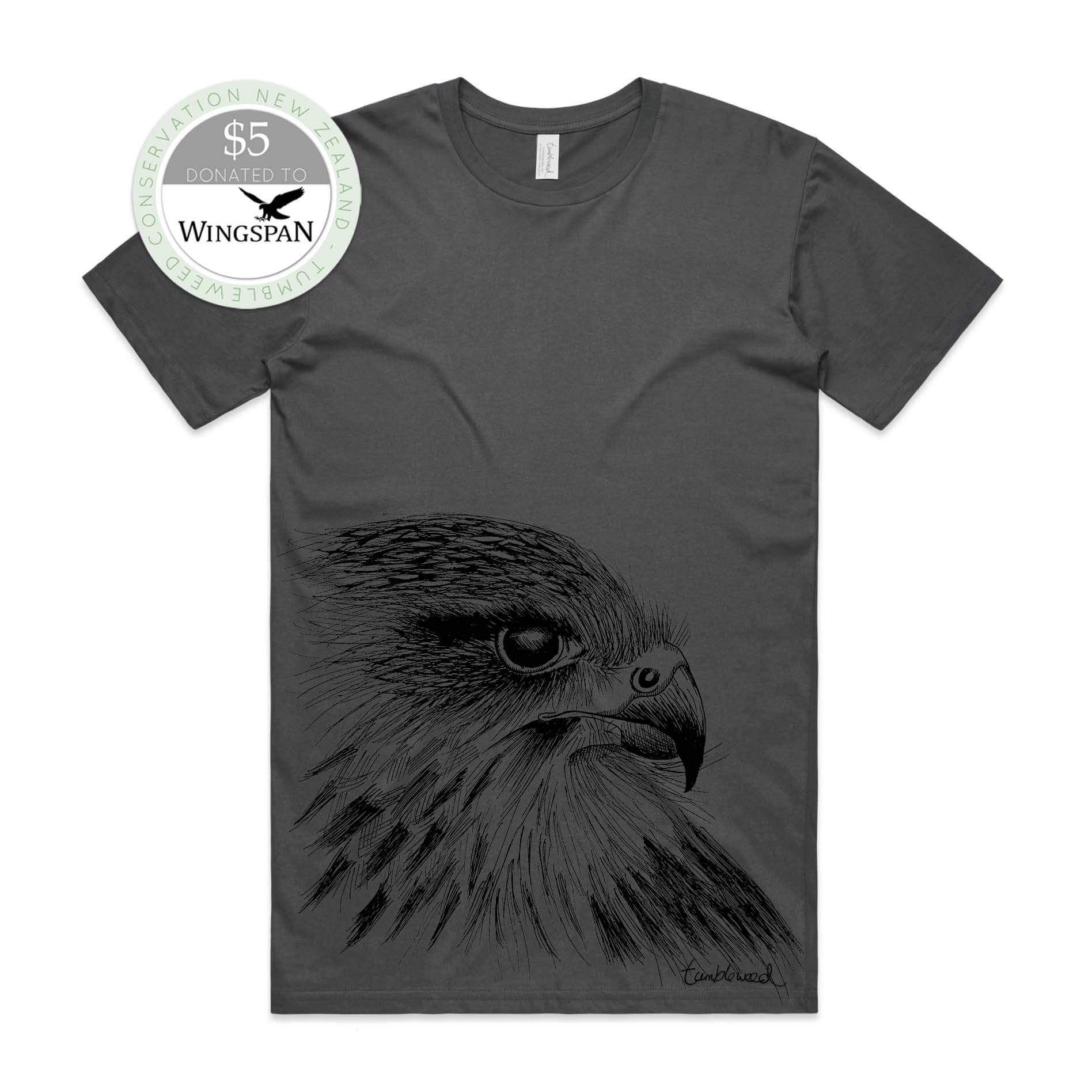 Charcoal, female t-shirt featuring a screen printed Kārearea/NZ Falcon design.