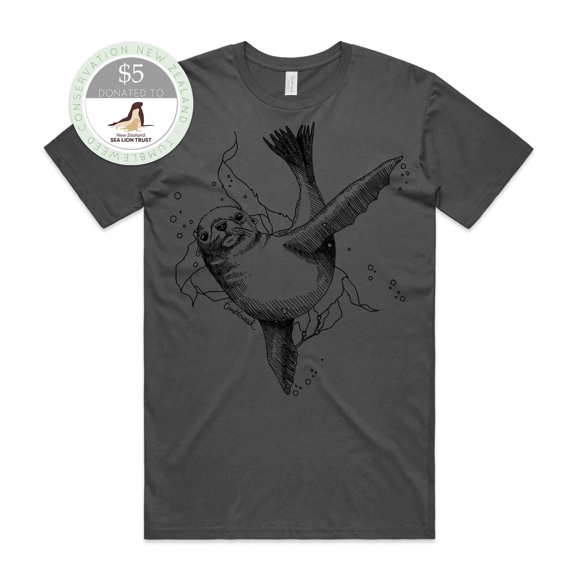 White, male t-shirt featuring a screen printed New Zealand sea lion design.