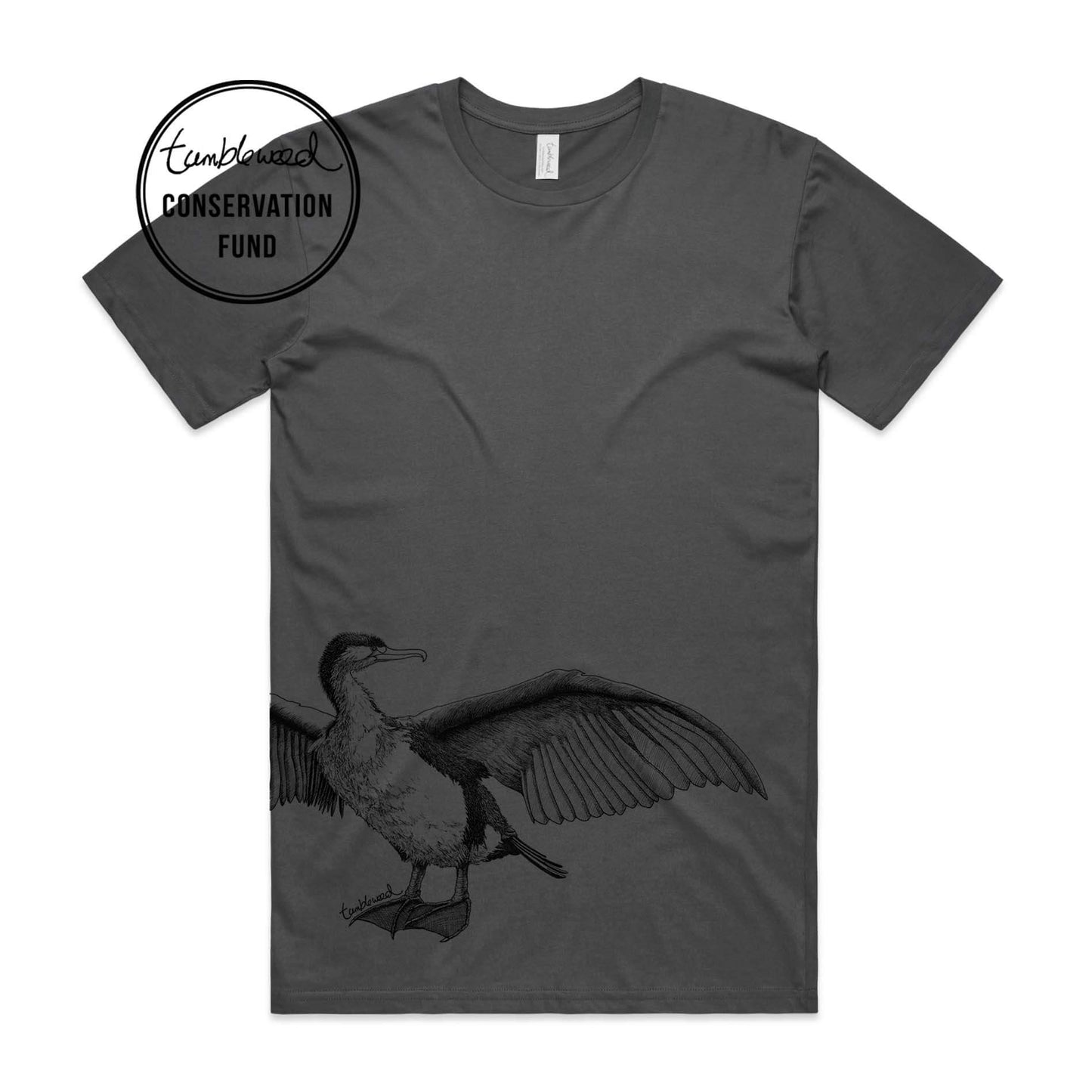 Charcoal, female t-shirt featuring a screen printed Shag design.