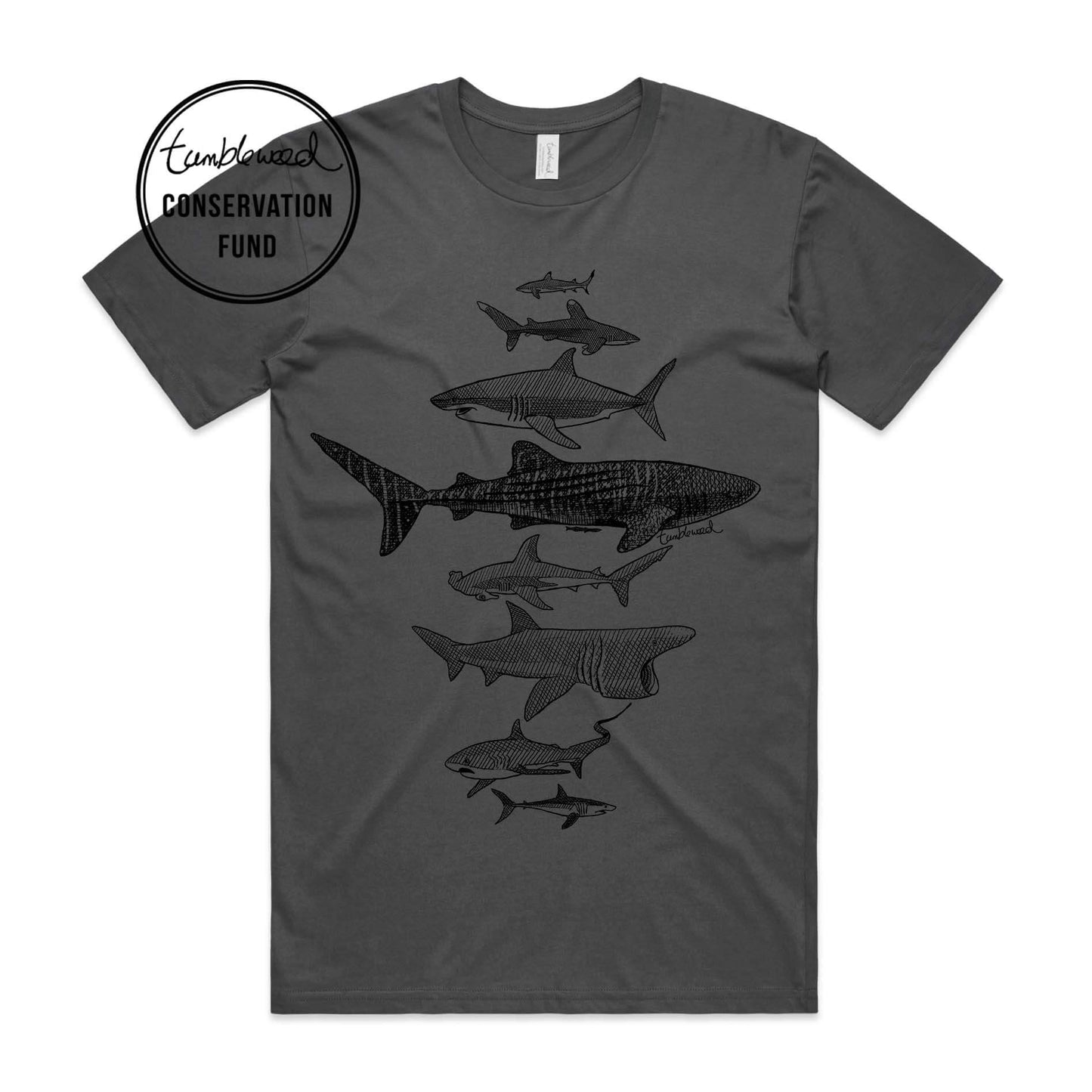 Charcoal, female t-shirt featuring a screen printed Sharks design.
