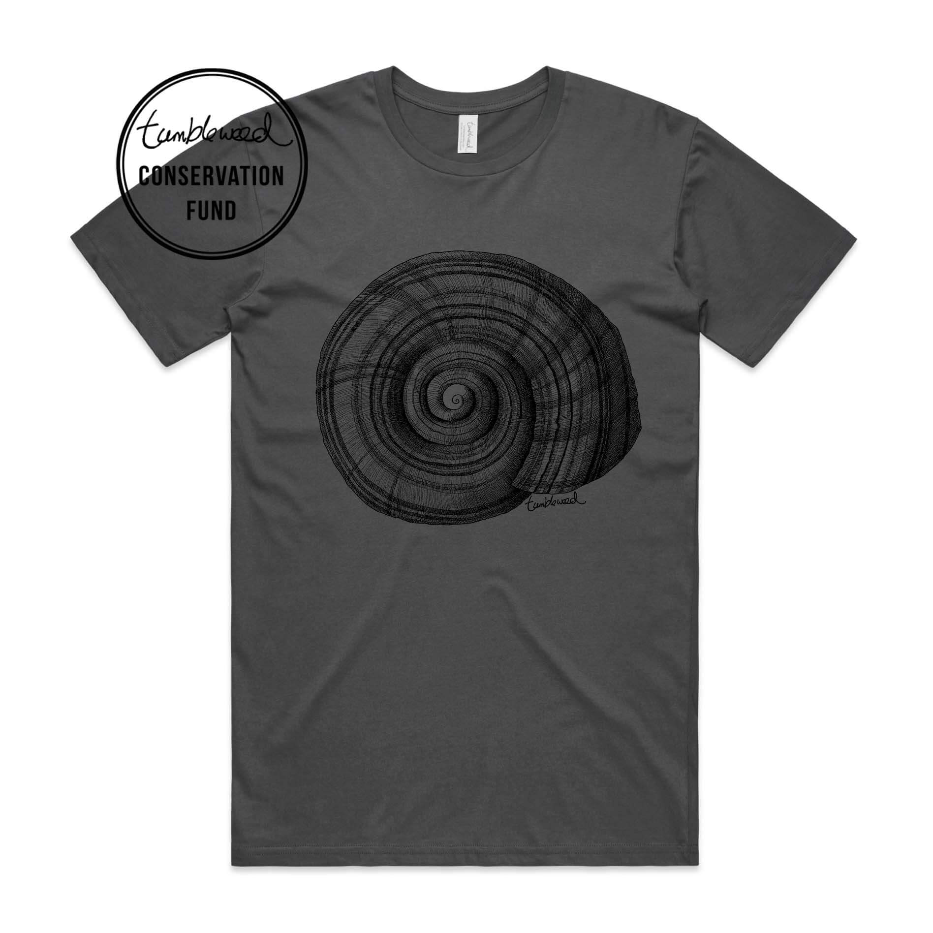 Charcoal, female t-shirt featuring a screen printed NZ Snail design.
