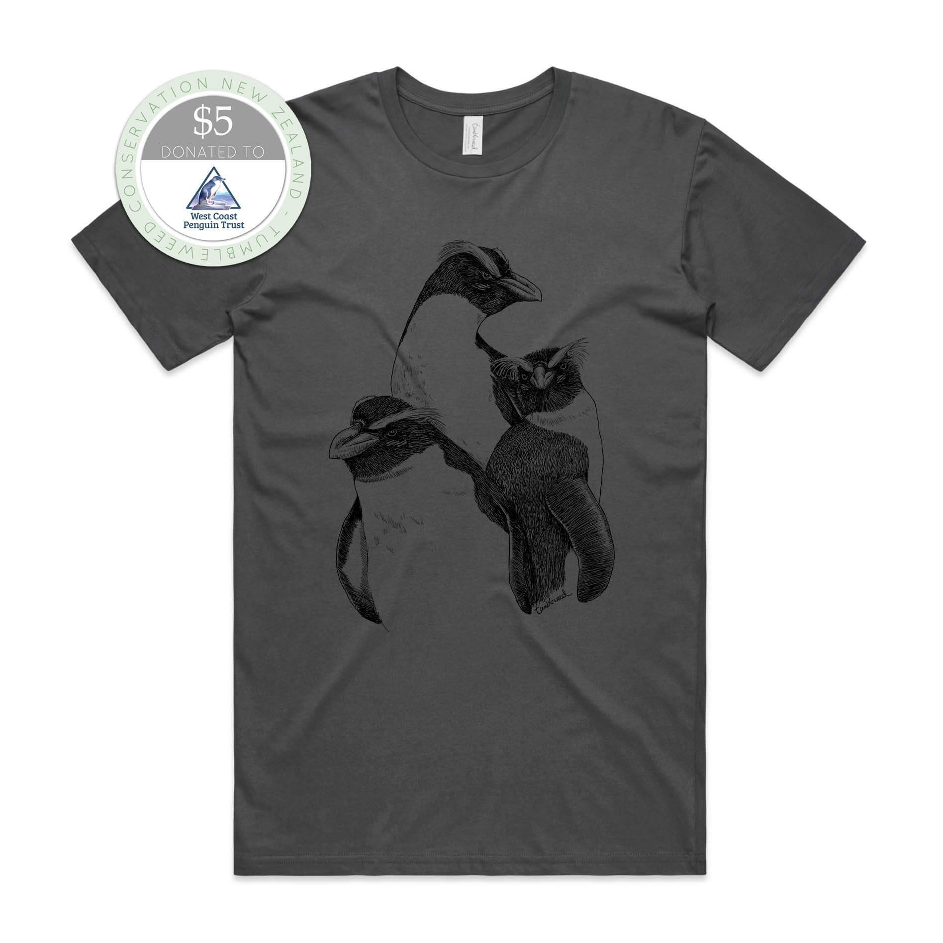Charcoal, female t-shirt featuring a screen printed Fiordland Crested penguin/tawaki design.