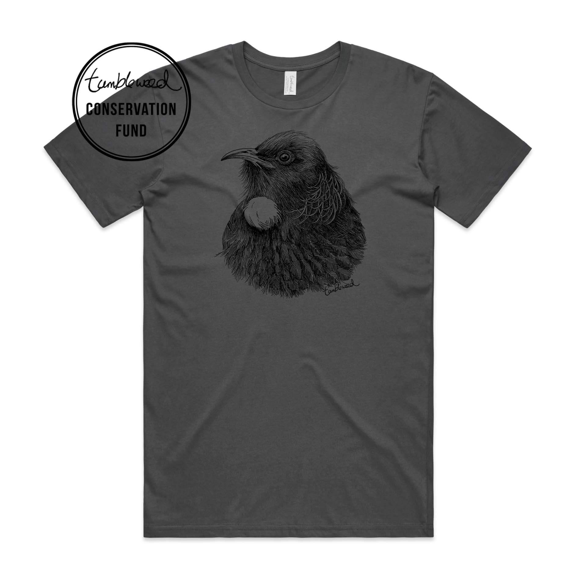 Charcoal, female t-shirt featuring a screen printed Tui design.