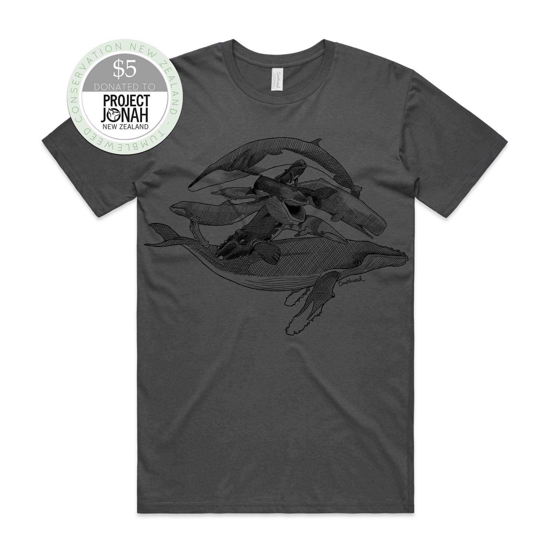 Charcoal, male t-shirt featuring a screen printed Whales design.