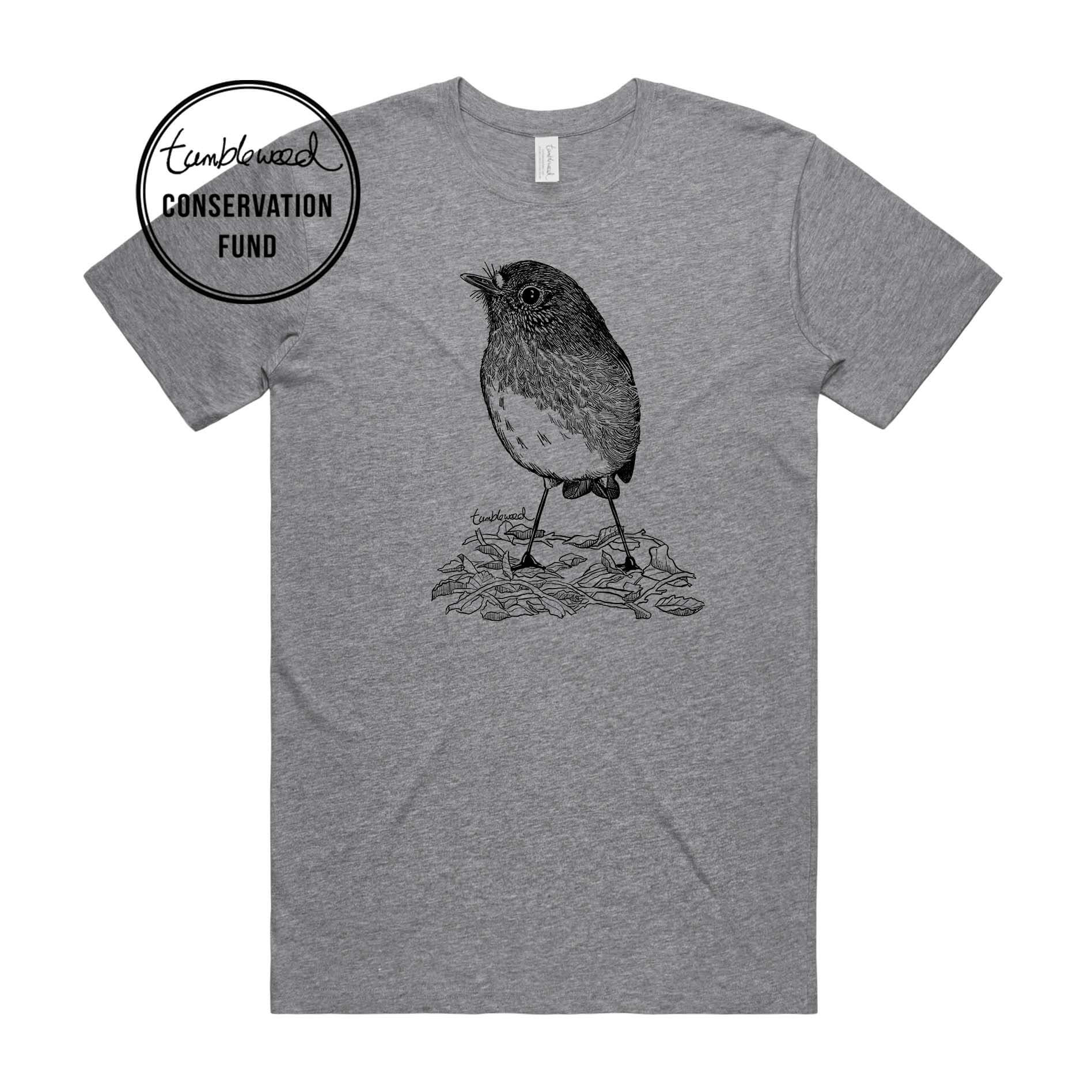 Grey marle, male t-shirt featuring a screen printed North Island Robin/toutouwai design.
