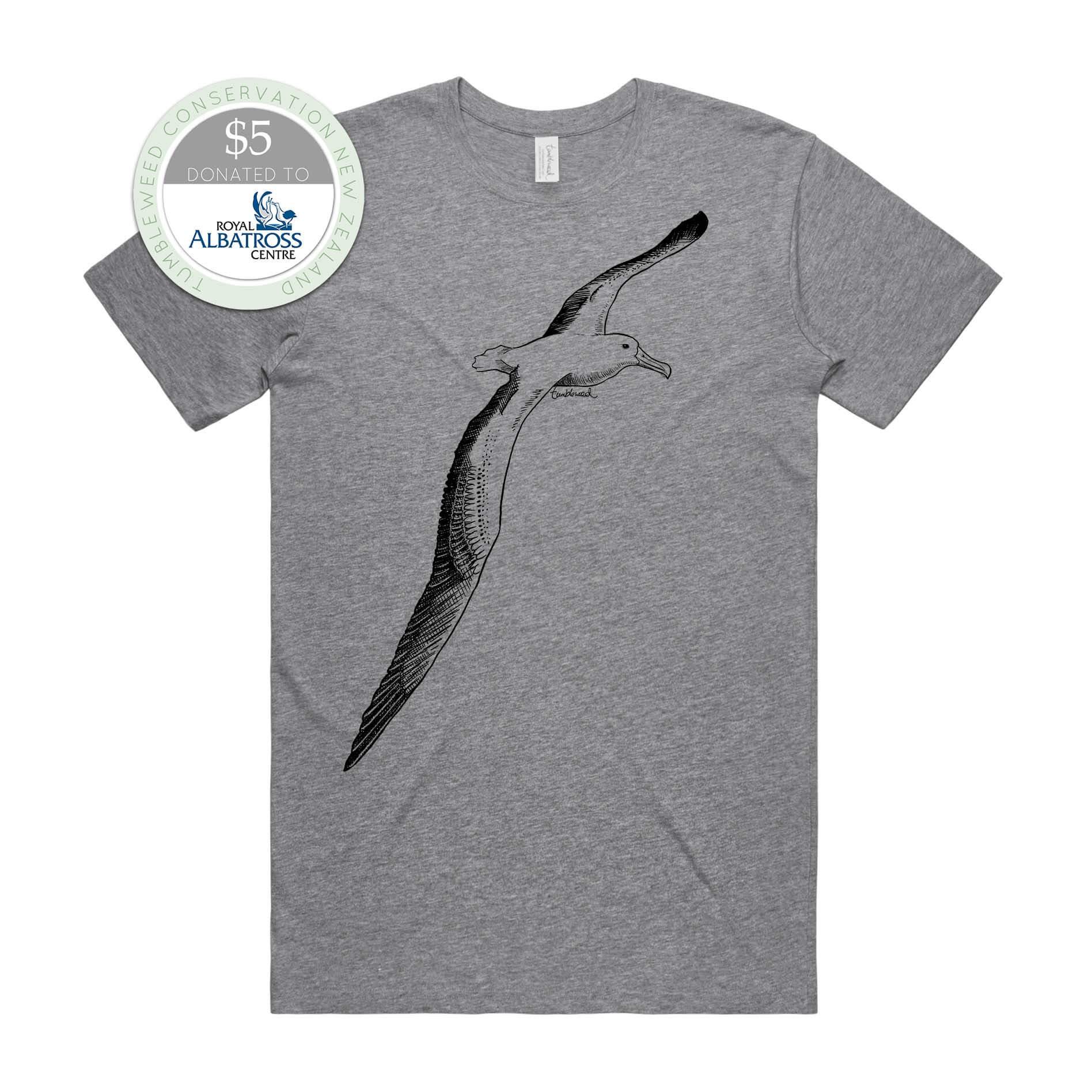 Grey marle, male t-shirt featuring a screen printed albatross design.