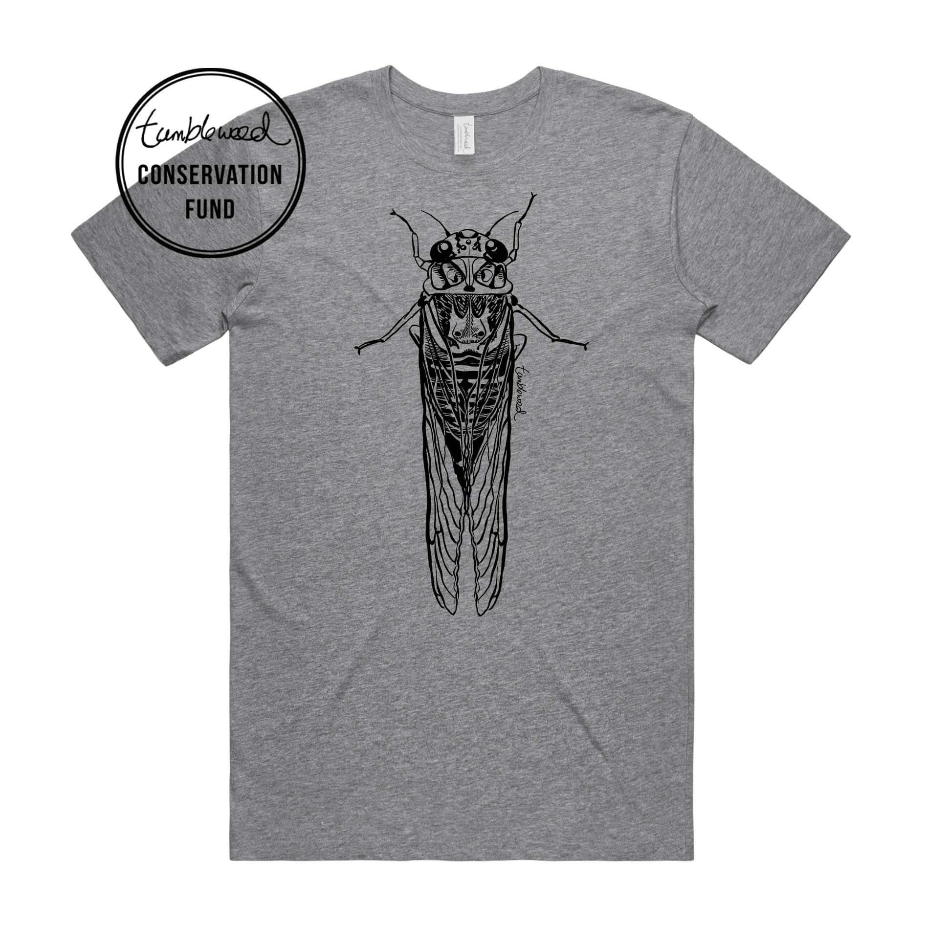 Sage, female t-shirt featuring a screen printed Cicada/kihikihi-wawā design.