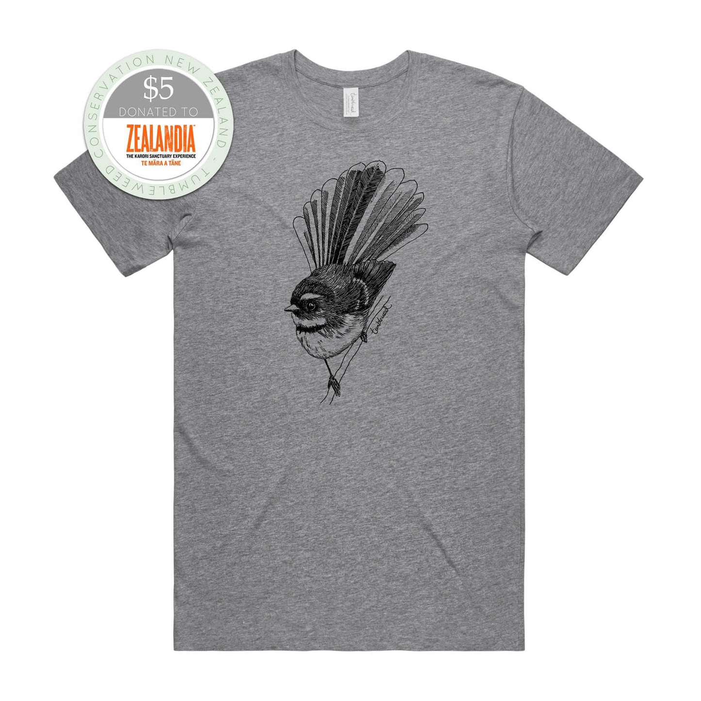 Sage, female t-shirt featuring a screen printed Fantail/Pīwakawaka design.
