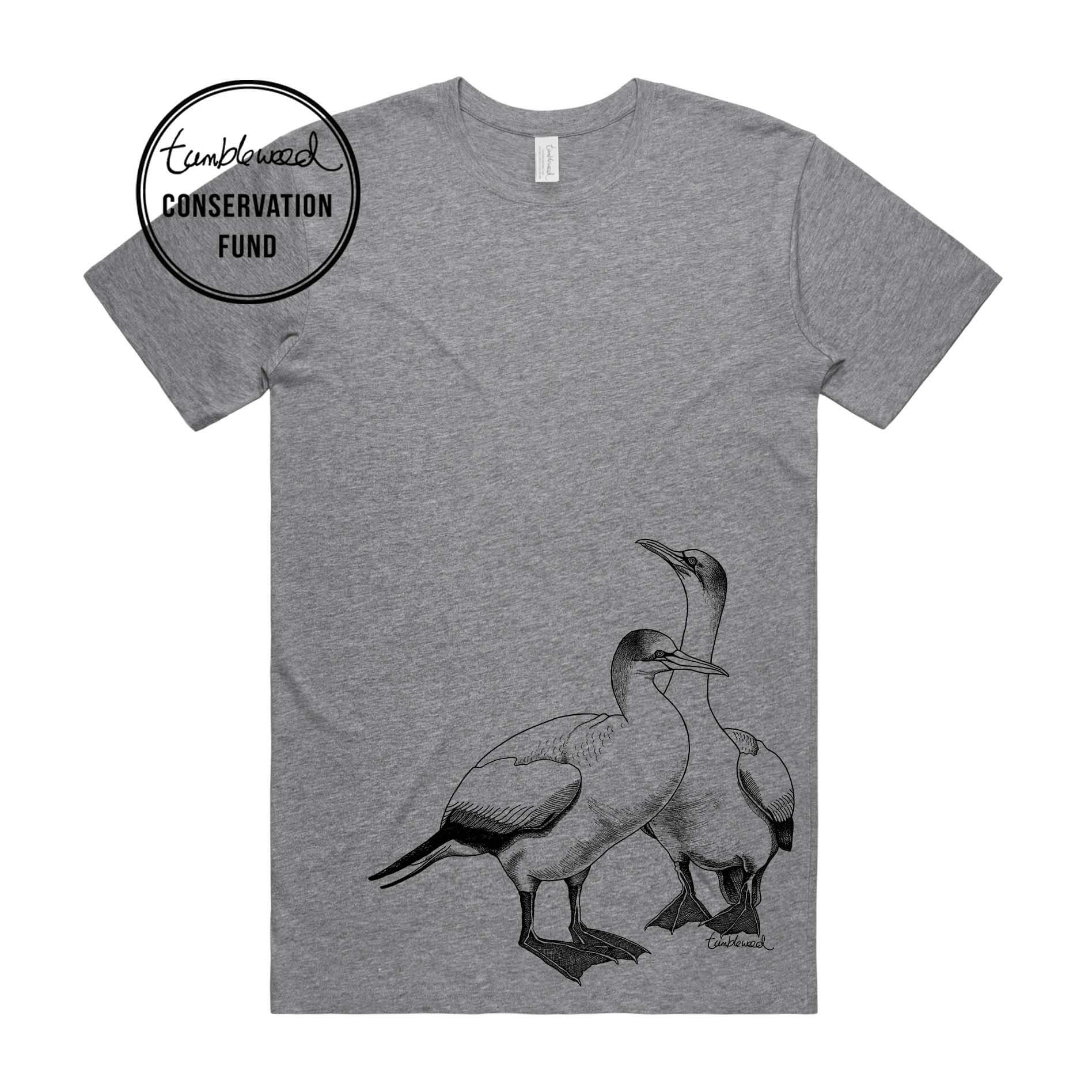 White, female t-shirt featuring a screen printed gannet design.