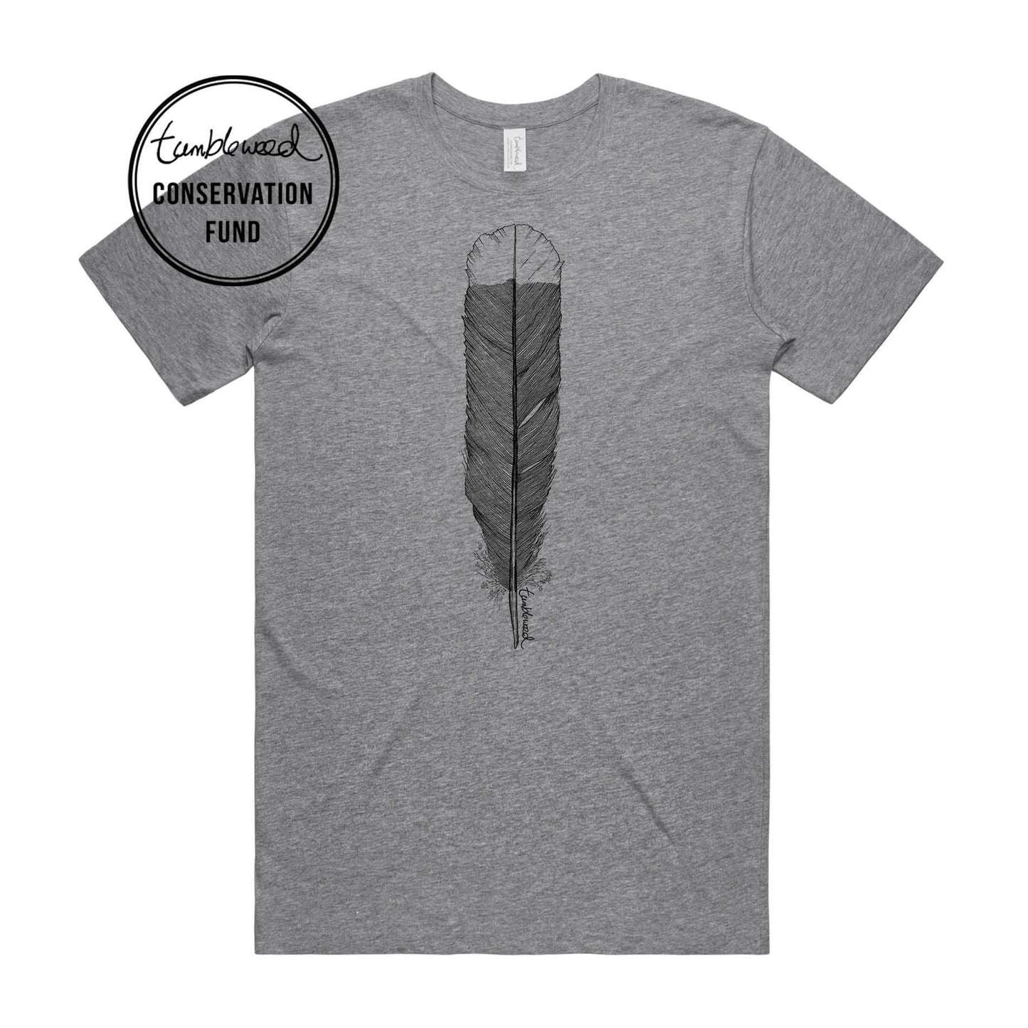Grey marle, female t-shirt featuring a screen printed huia feather design.