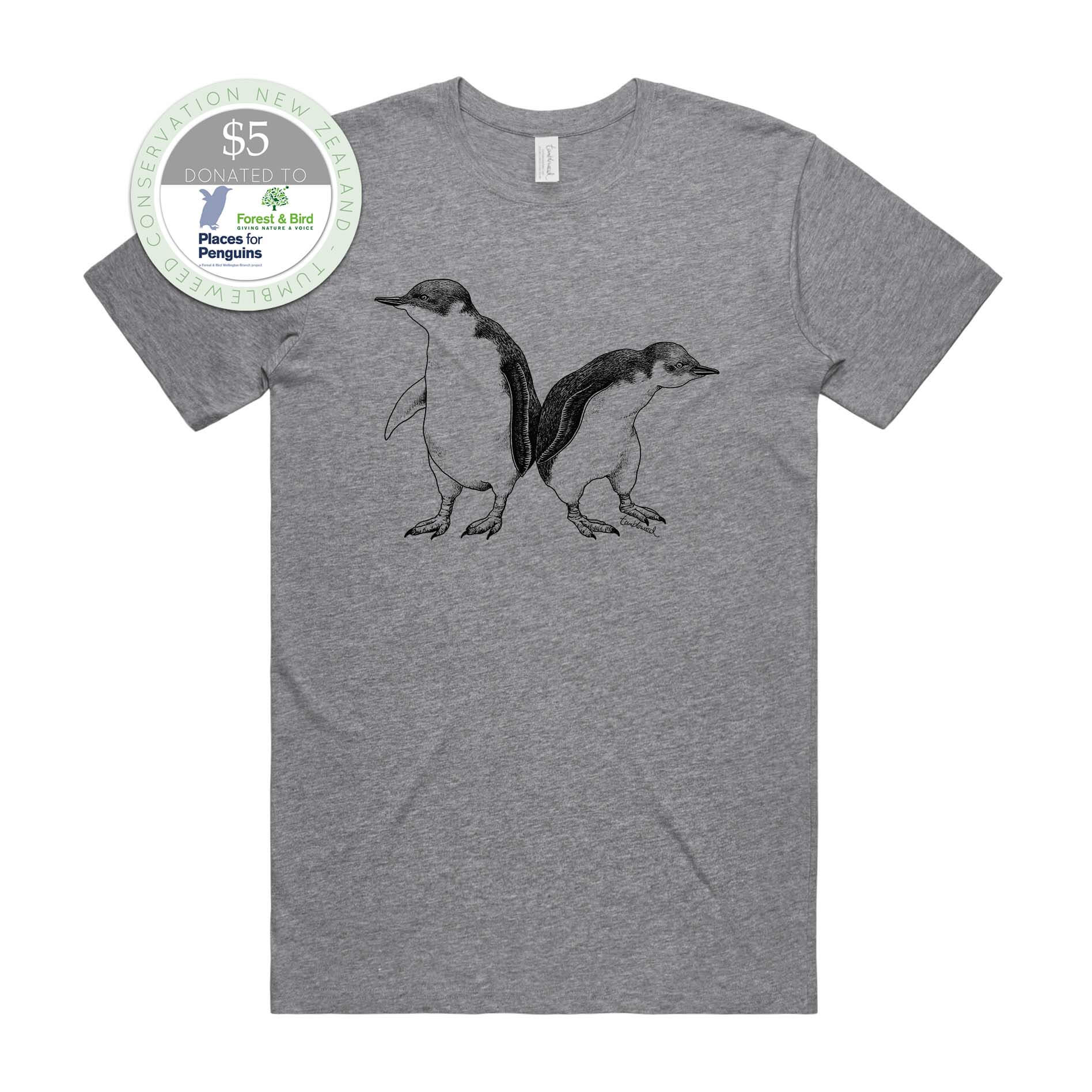 Grey marle, female t-shirt featuring a screen printed Little Blue Penguin design.