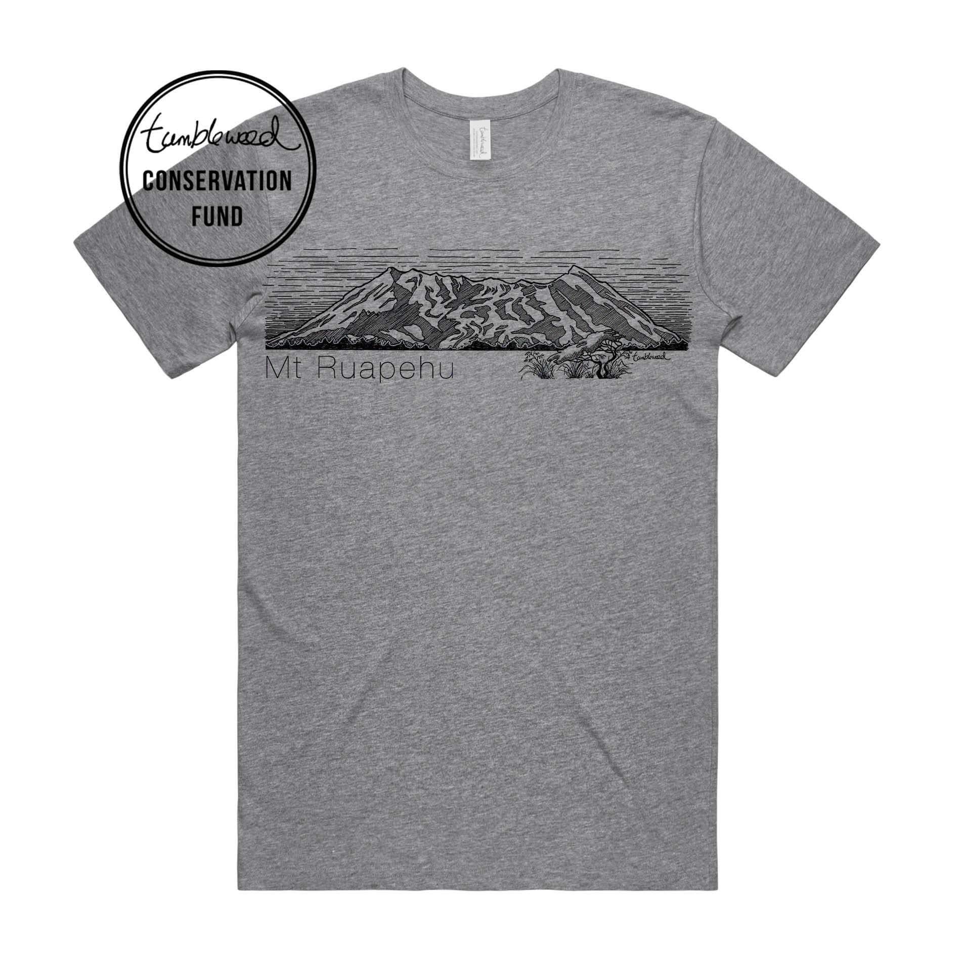 Charcoal, female t-shirt featuring a screen printed Mt Ruapehu design.