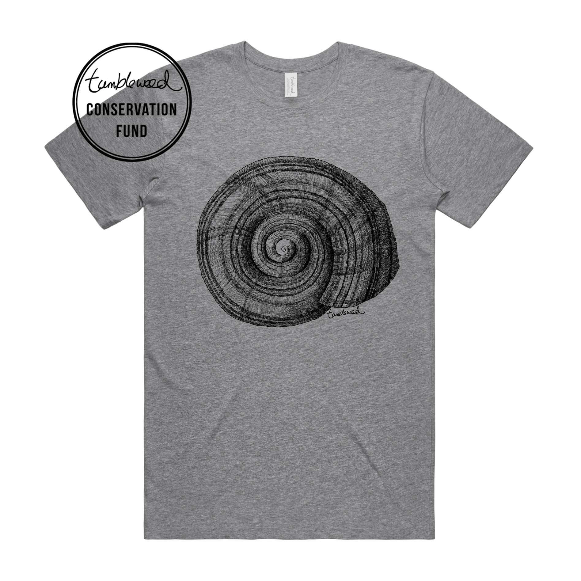 Grey marle, female t-shirt featuring a screen printed NZ Snail design.