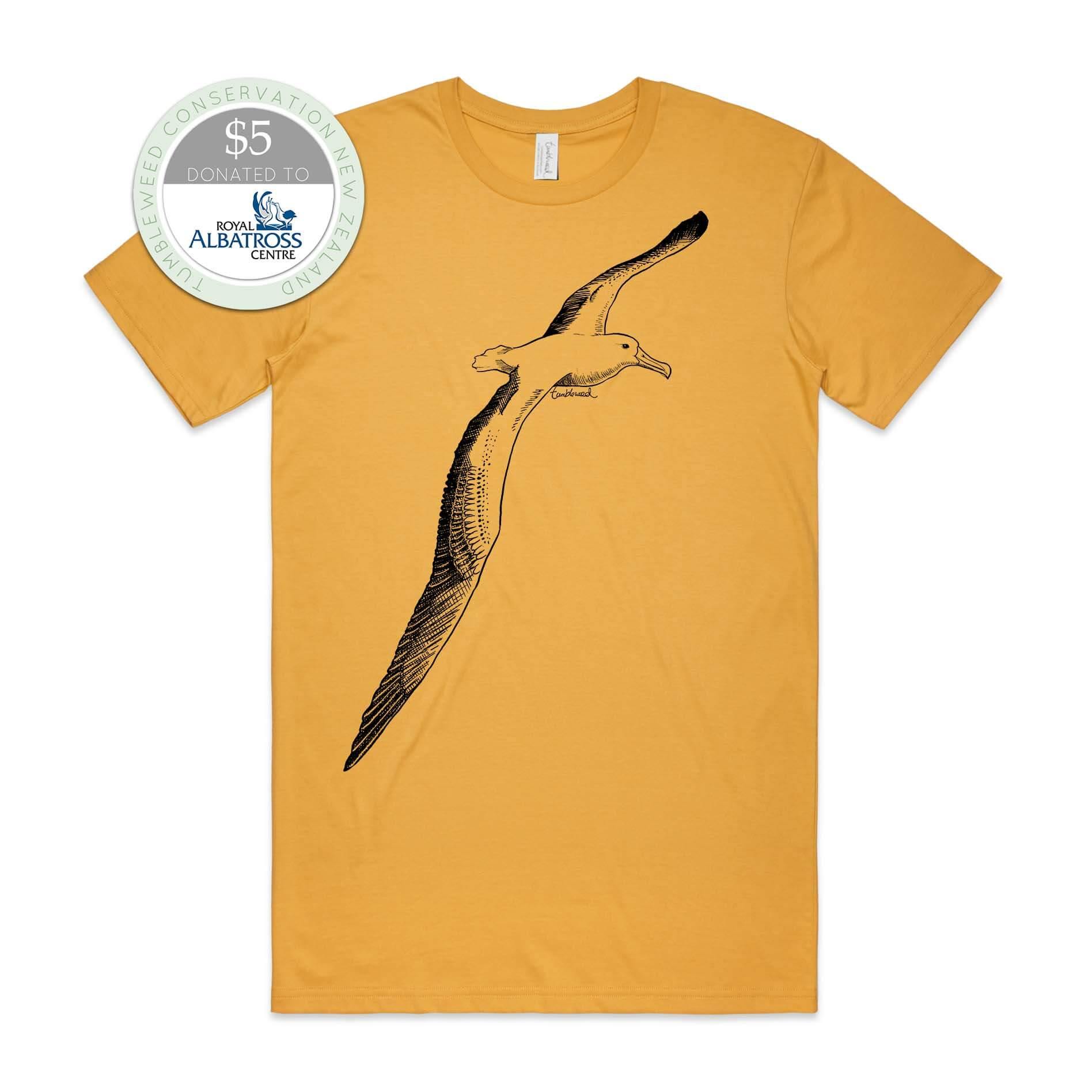 Mustard, male t-shirt featuring a screen printed albatross design.