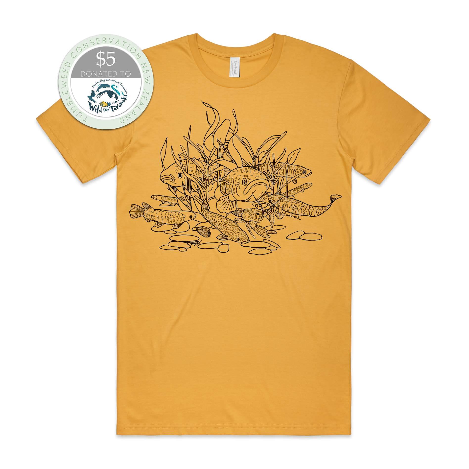Charcoal, female t-shirt featuring a screen printed Freshwater fish design.