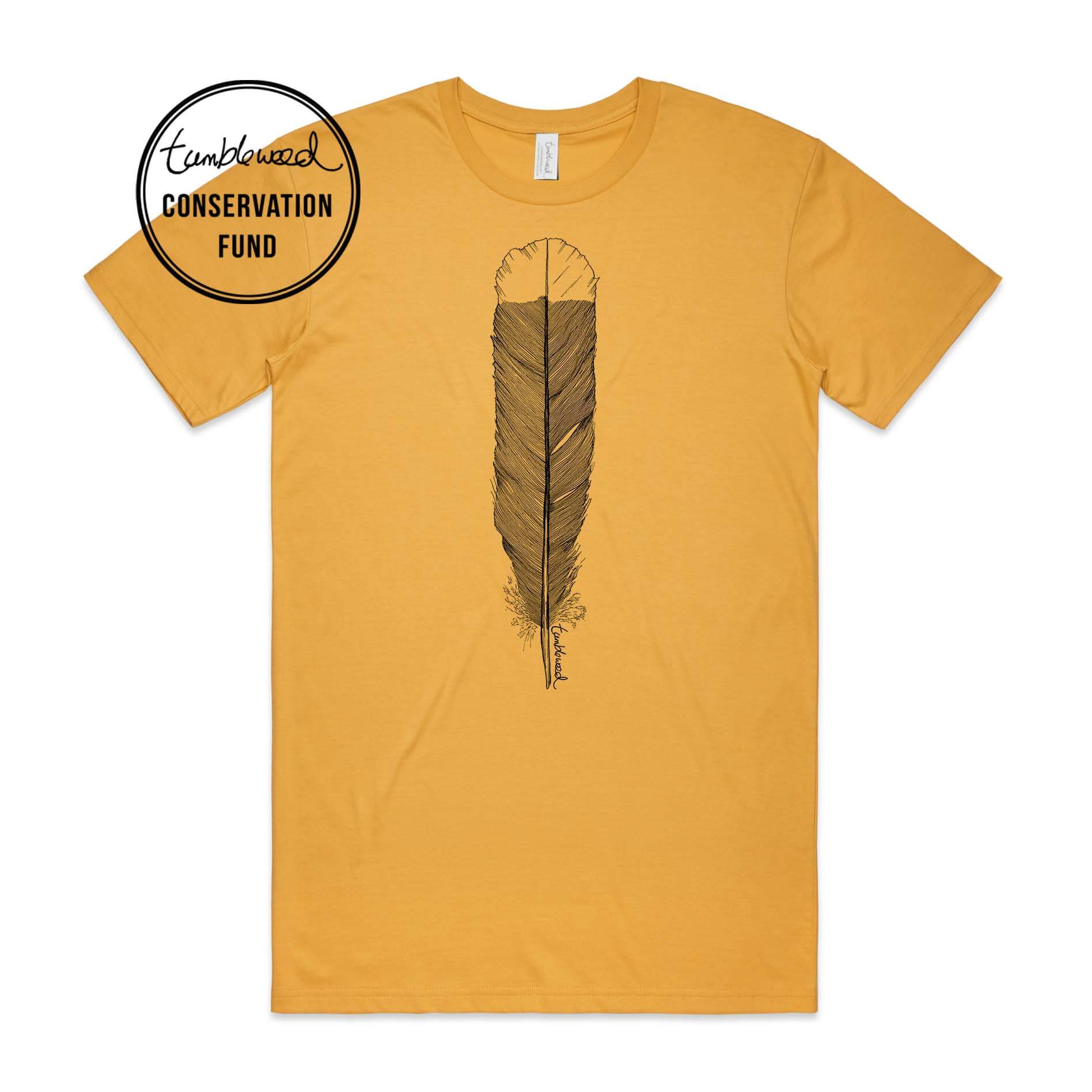 Mustard, female t-shirt featuring a screen printed black huia feather design.