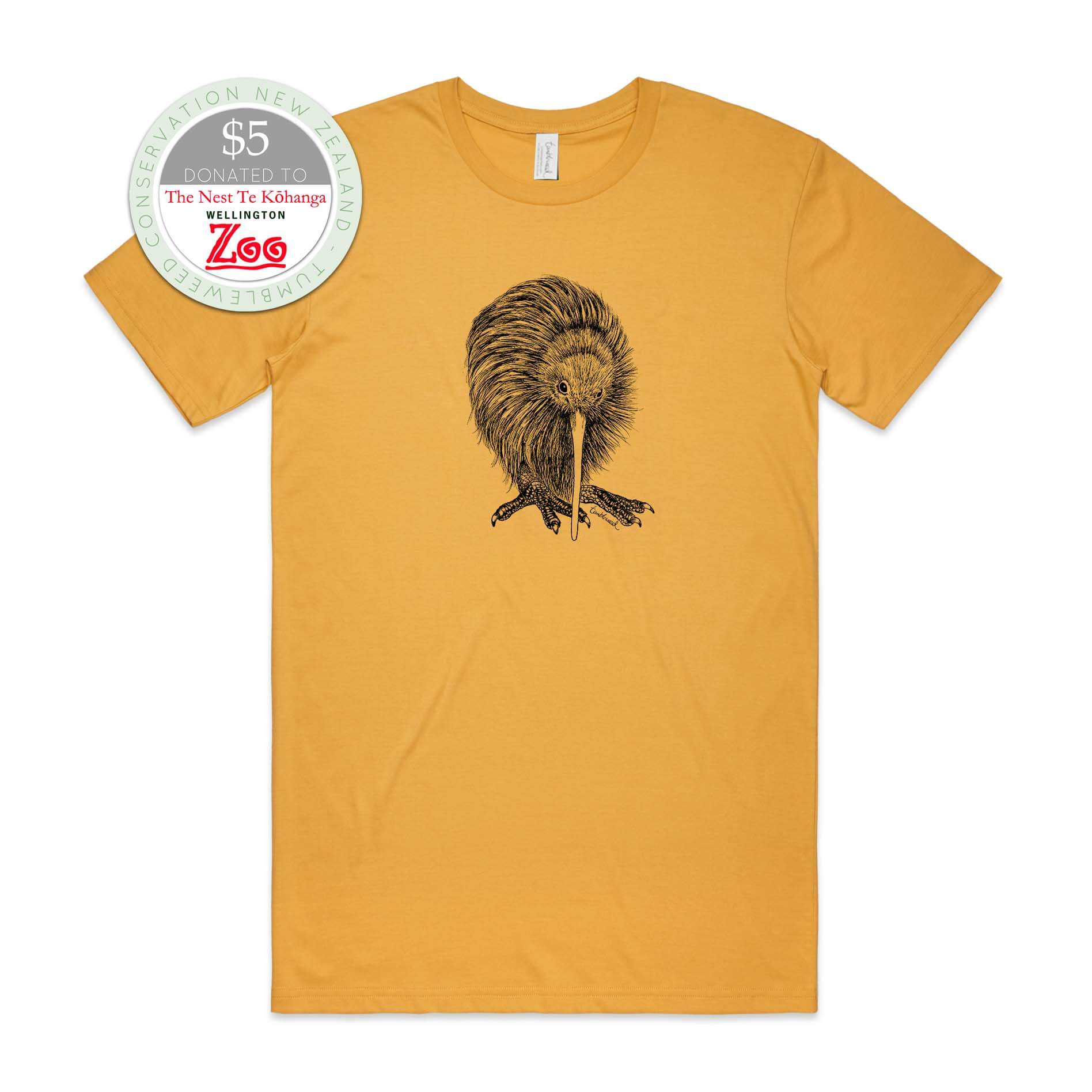 Mustard, female t-shirt featuring a screen printed kiwi design.