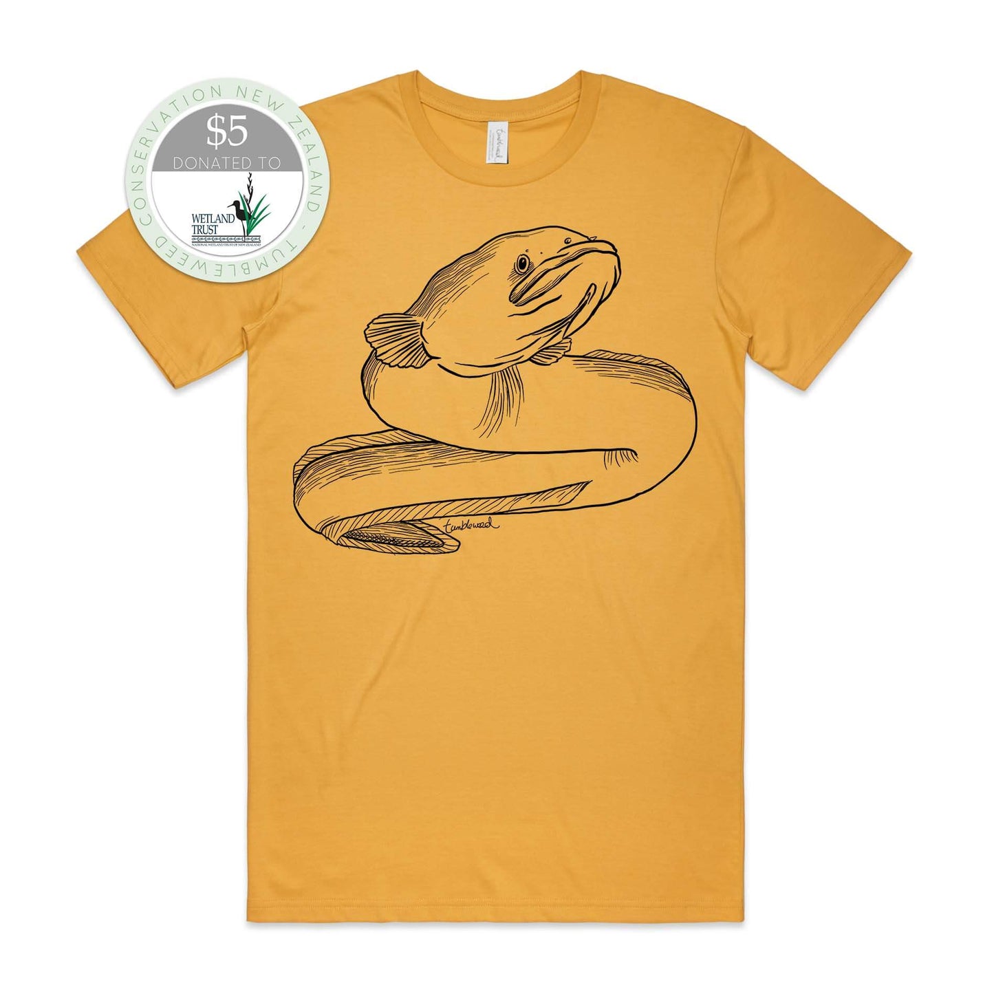Charcoal, female t-shirt featuring a screen printed Longfin Eel/Tuna design.