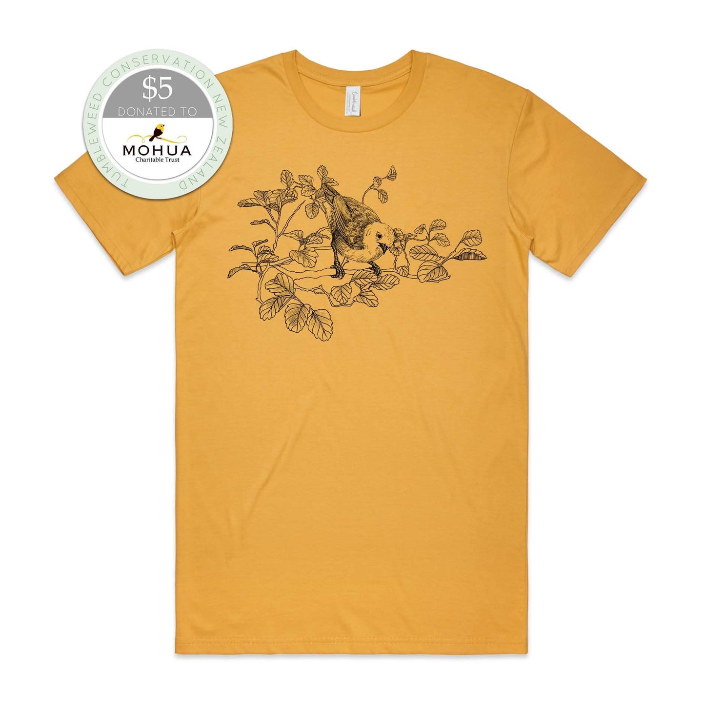Charcoal, female t-shirt featuring a screen printed Mōhua/Yellowhead design.