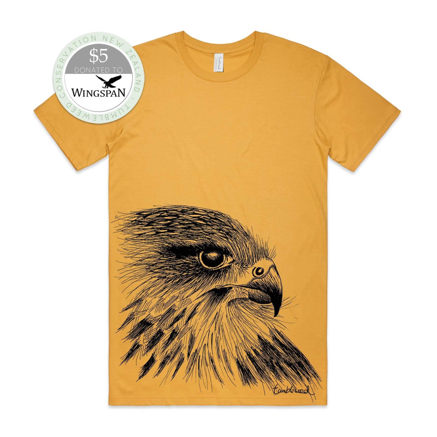 Mustard, female t-shirt featuring a screen printed black Kārearea/NZ Falcon design.