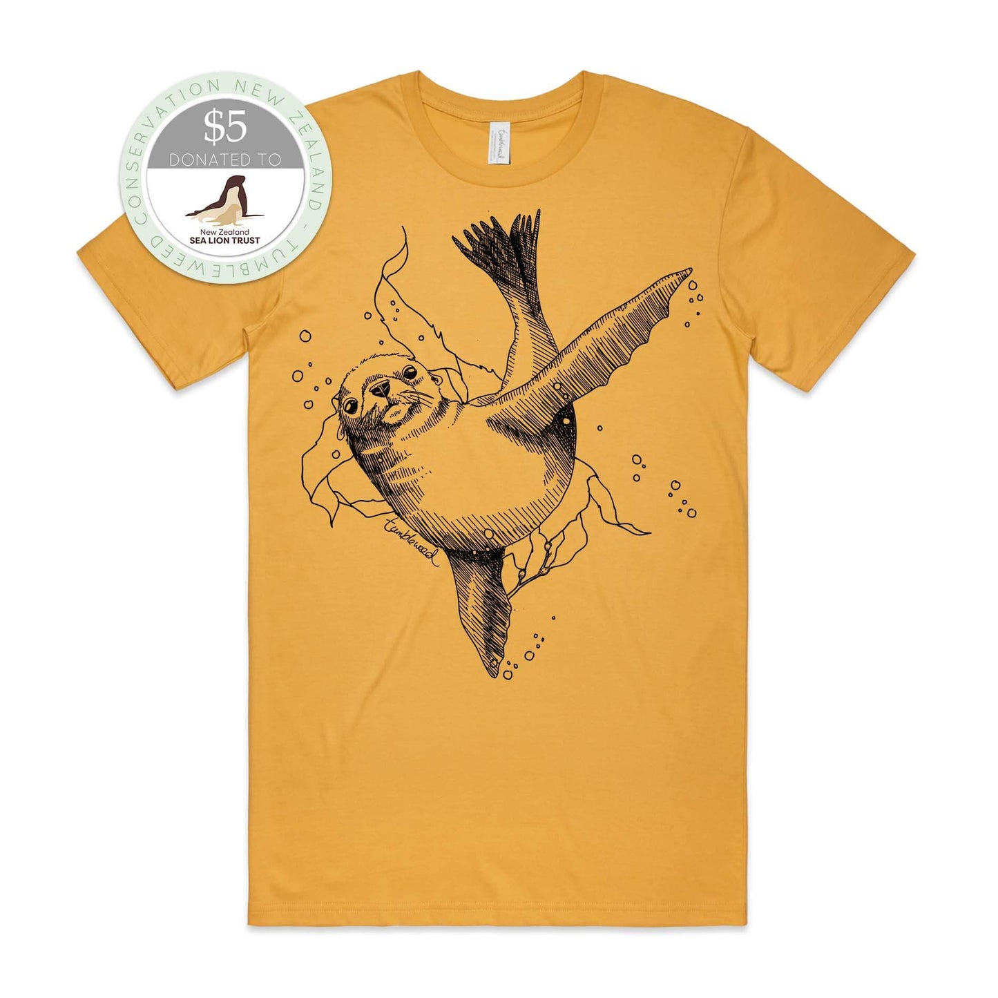 Sage, male t-shirt featuring a screen printed New Zealand sea lion design.
