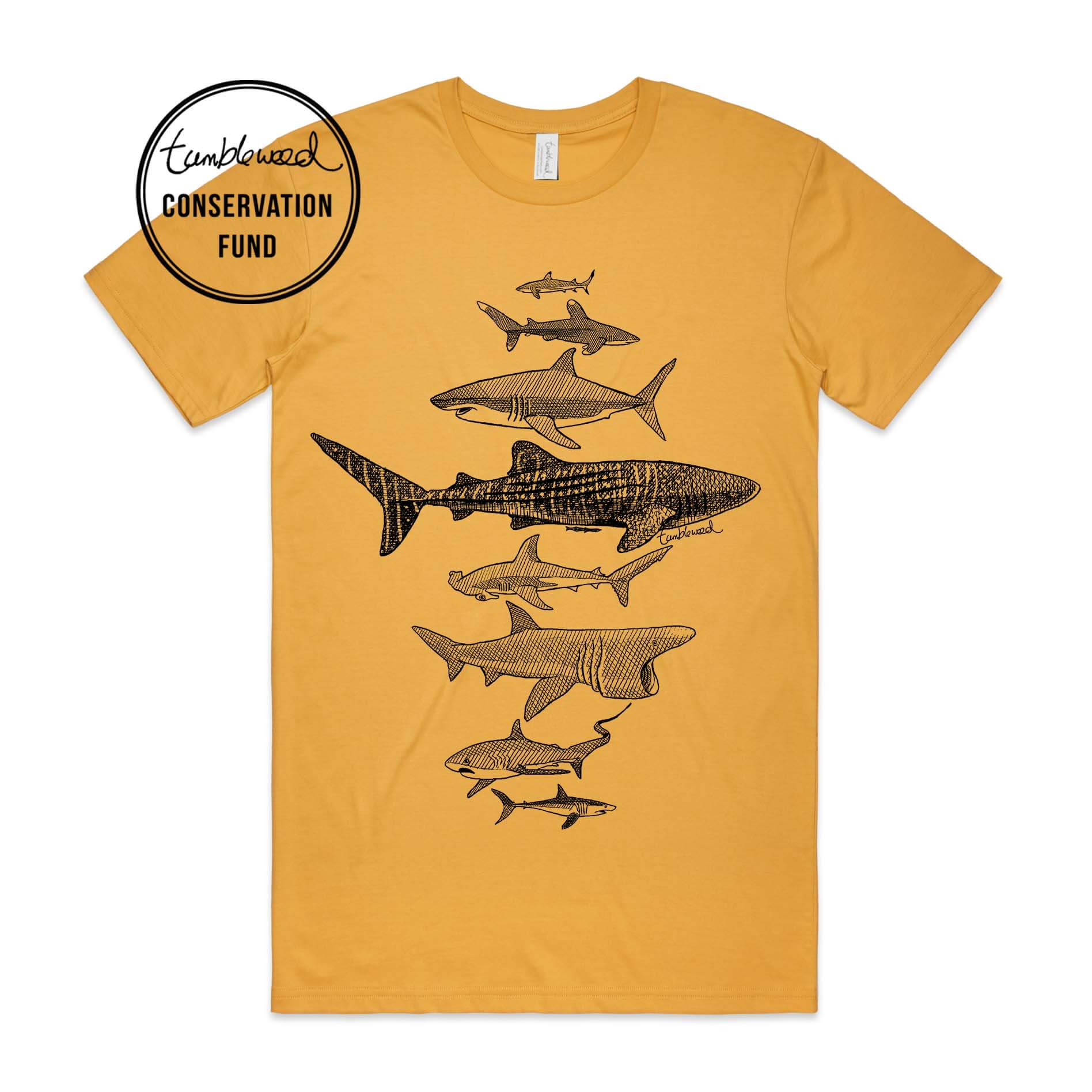 Mustard, female t-shirt featuring a screen printed Sharks design.