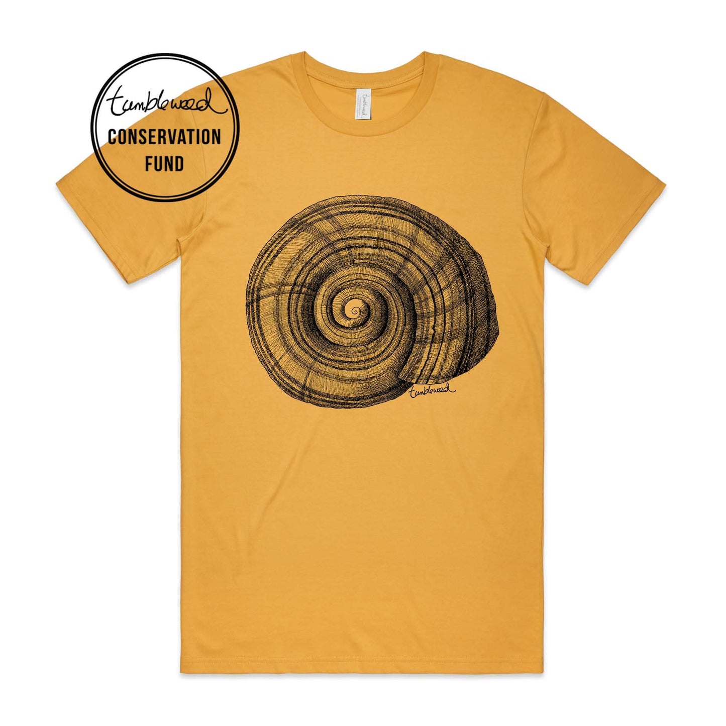 Mustard, female t-shirt featuring a screen printed NZ Snail design.
