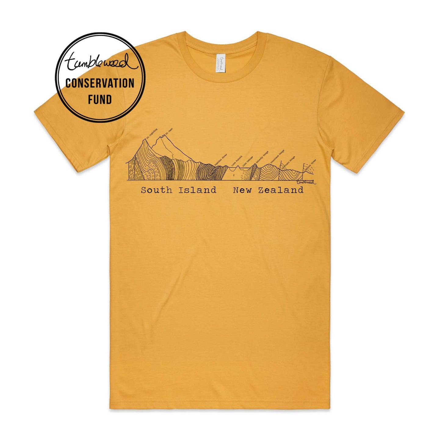 Mustard, female t-shirt featuring a screen printed South Island Cross Section design.