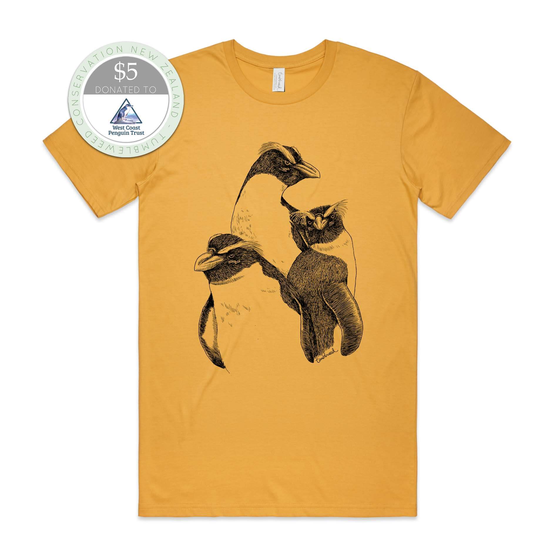 Mustard, female t-shirt featuring a screen printed black Fiordland Crested penguin/tawaki design.