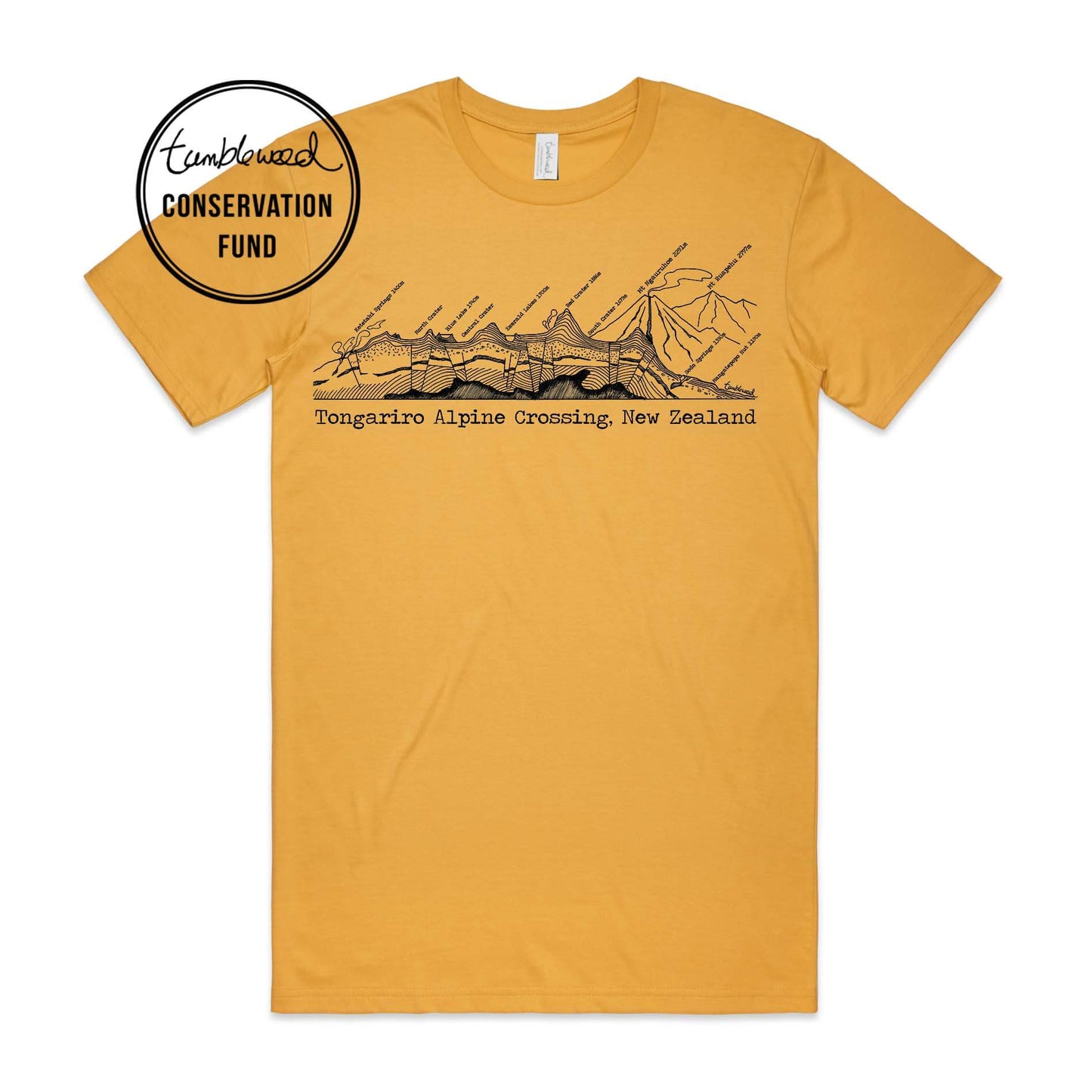 Mustard, female t-shirt featuring a screen printed Tongariro Crossing design.