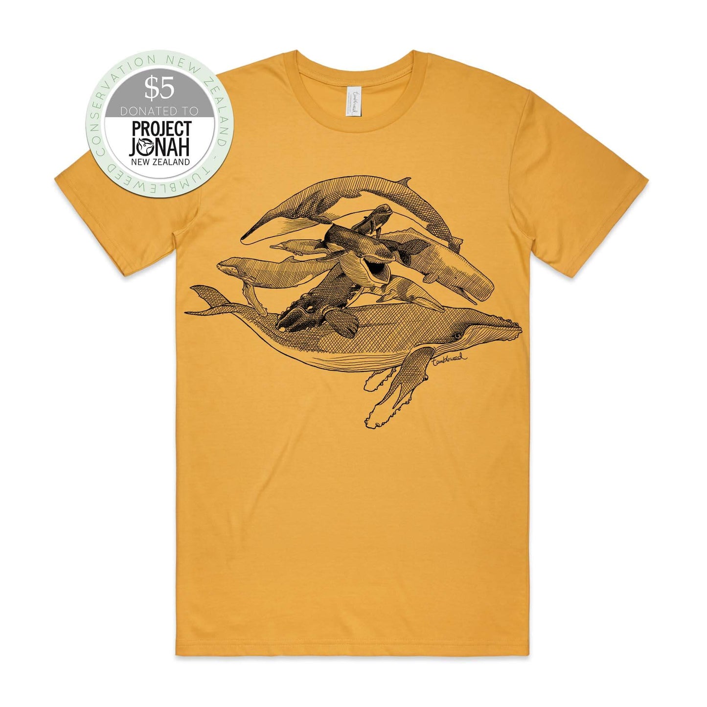 Mustard, male t-shirt featuring a screen printed Whales design.
