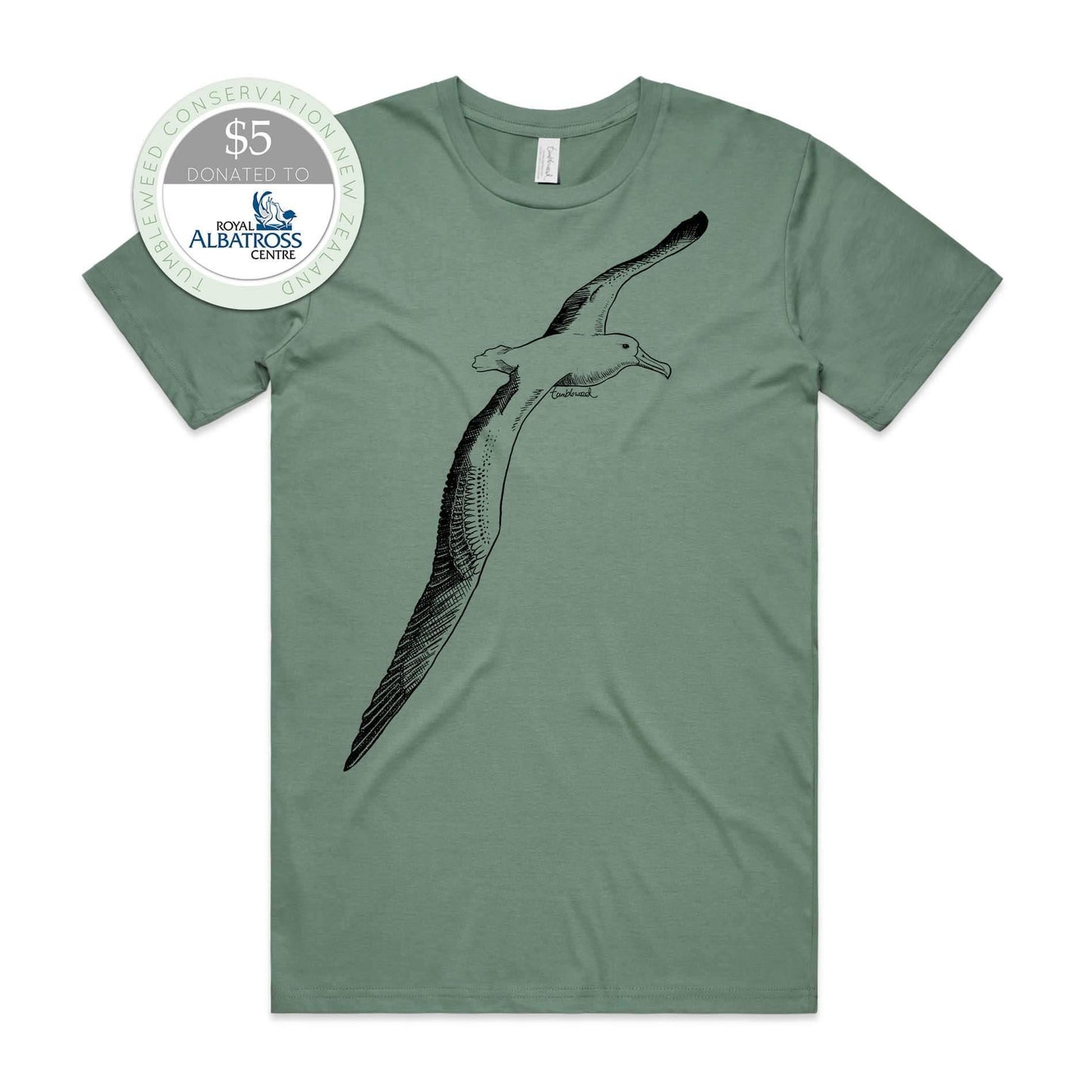 Sage, male t-shirt featuring a screen printed albatross design.