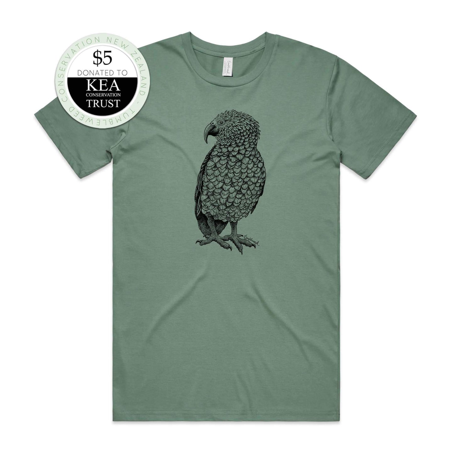 Sage, female t-shirt featuring a screen printed kea design.