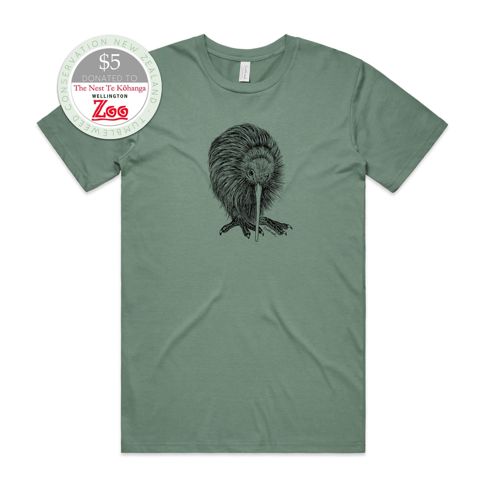 Sage, female t-shirt featuring a screen printed kiwi design.