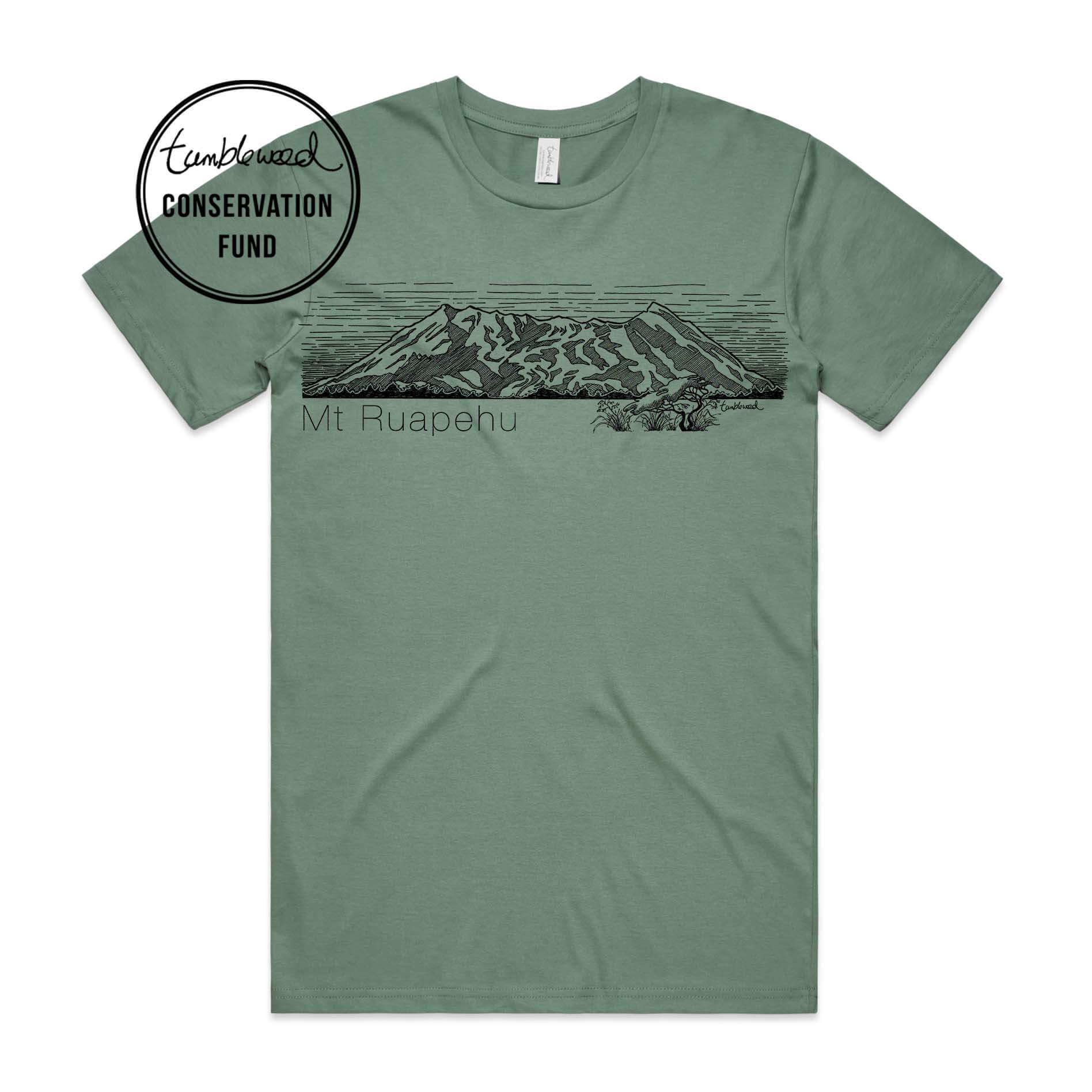 Sage, female t-shirt featuring a screen printed Mt Ruapehu design.