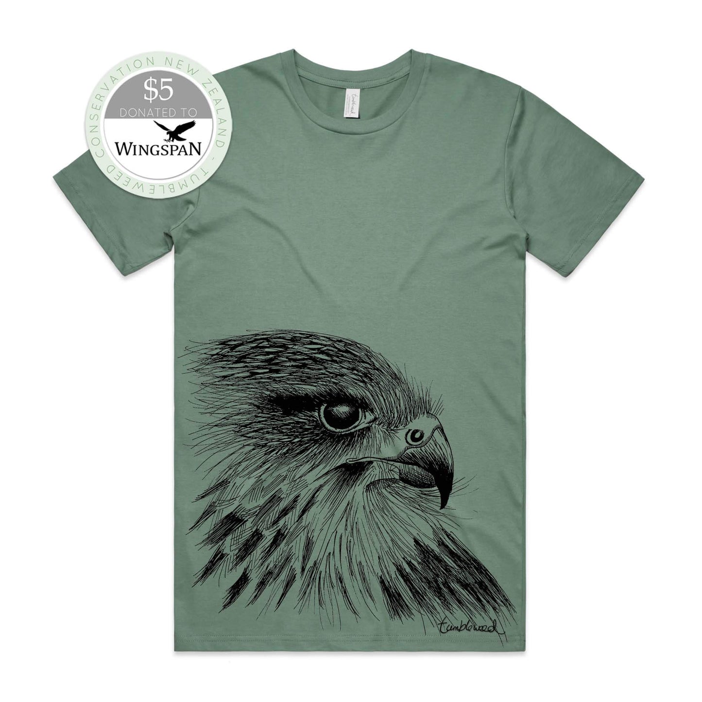 Sage, female t-shirt featuring a screen printed Kārearea/NZ Falcon design.