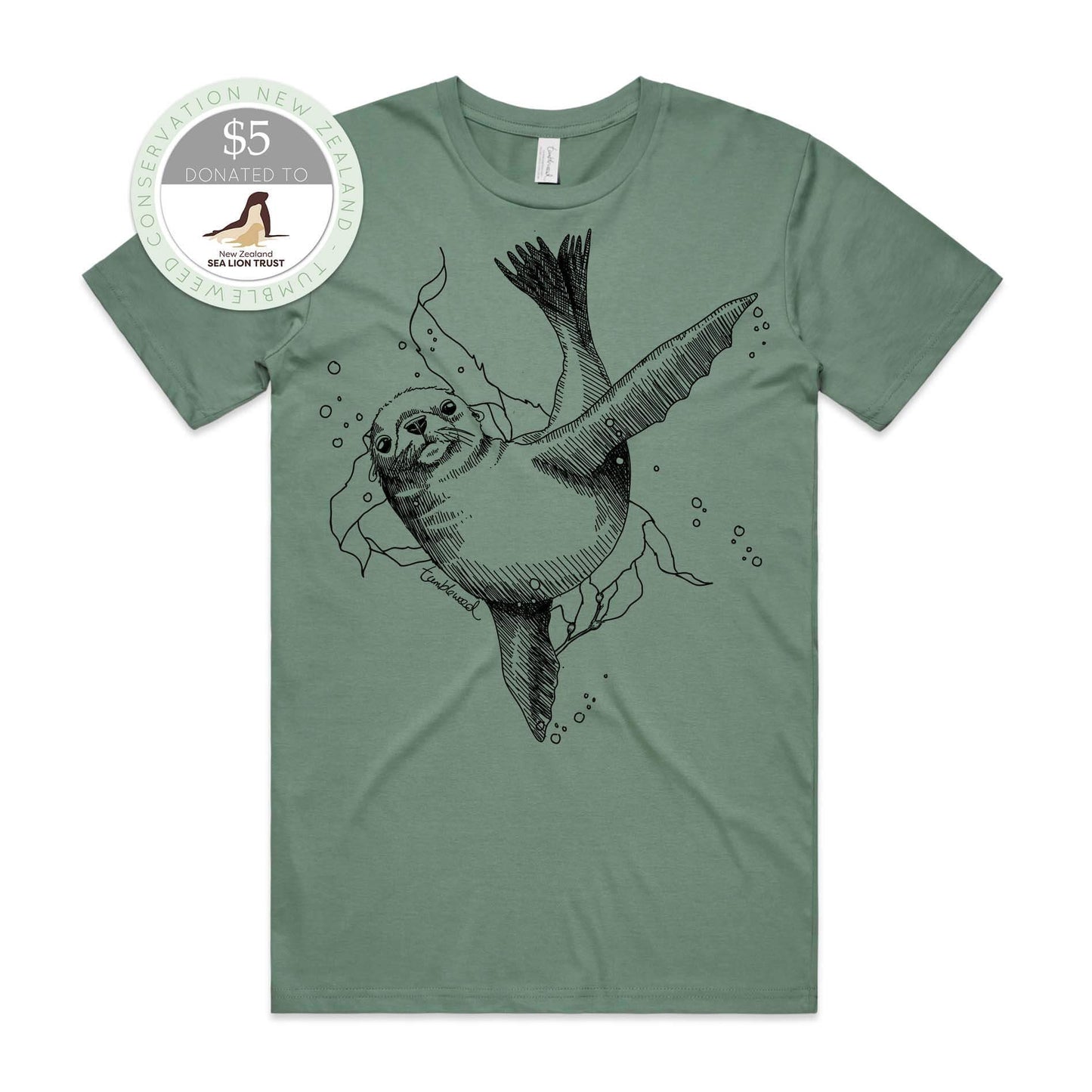 Grey, male t-shirt featuring a screen printed New Zealand sea lion design.